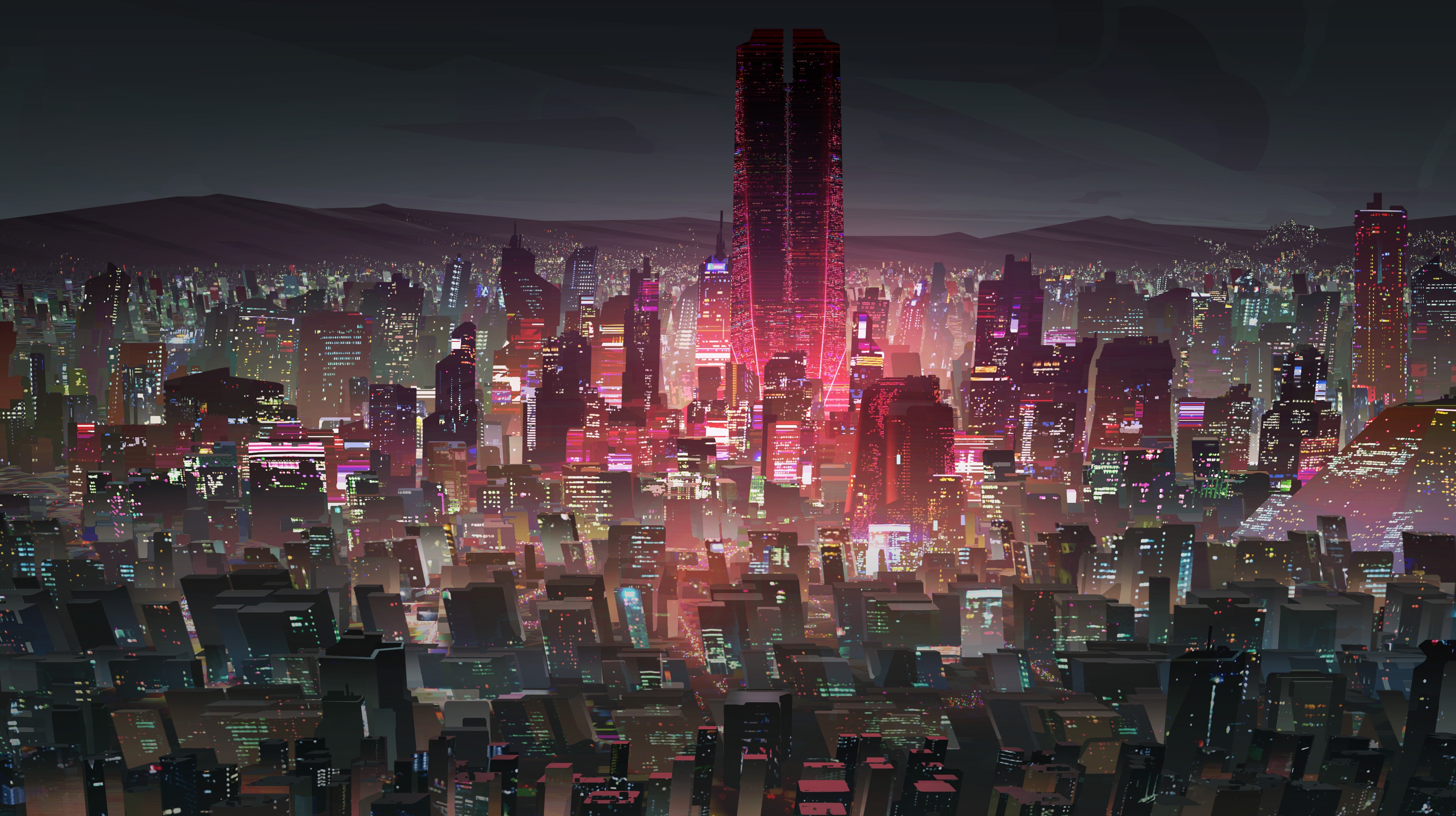 Futuristic Cityscape at Night with Tall Buildings HD Wallpaper