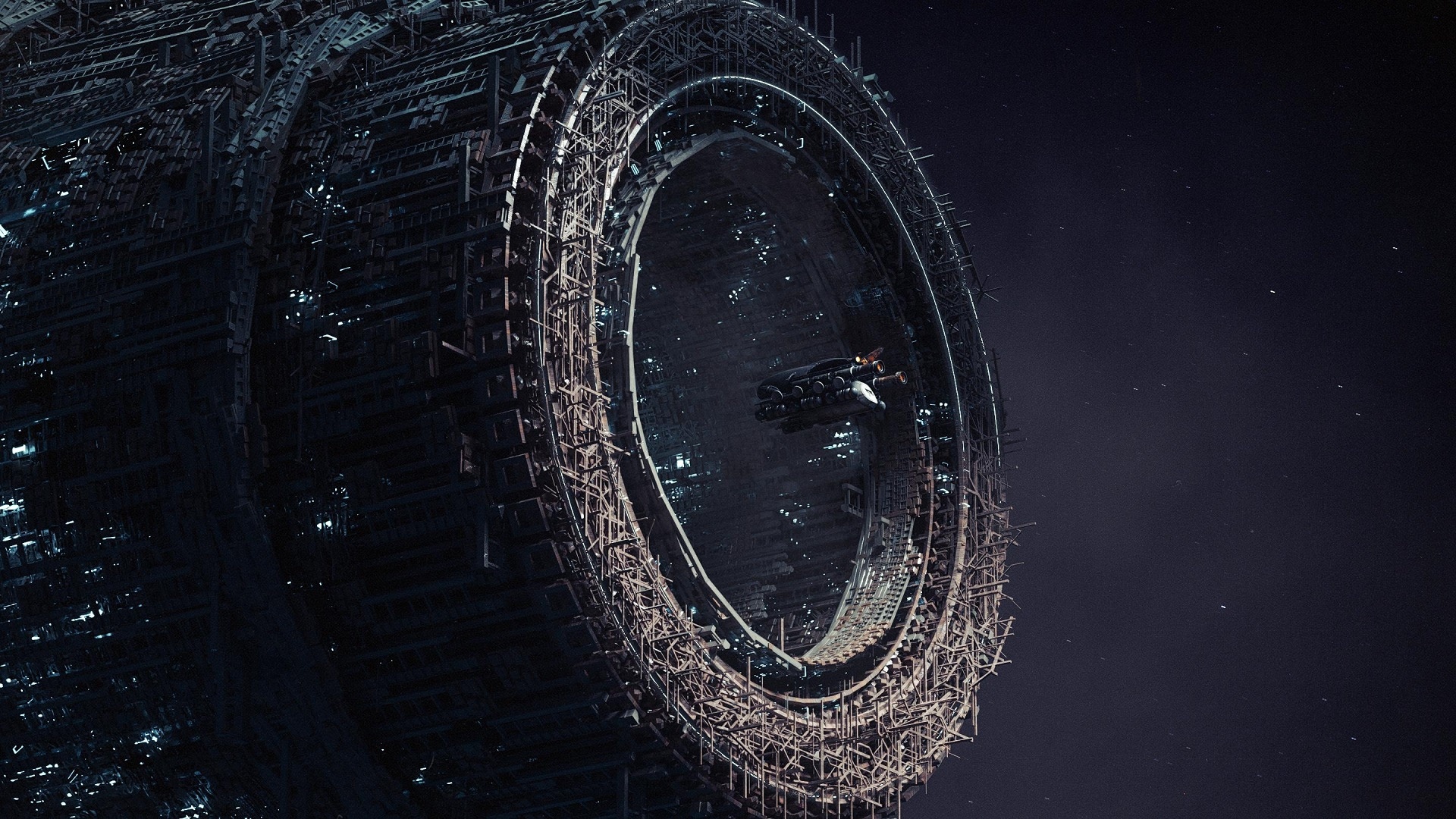 Massive ring-shaped space station with a spaceship HD Wallpaper