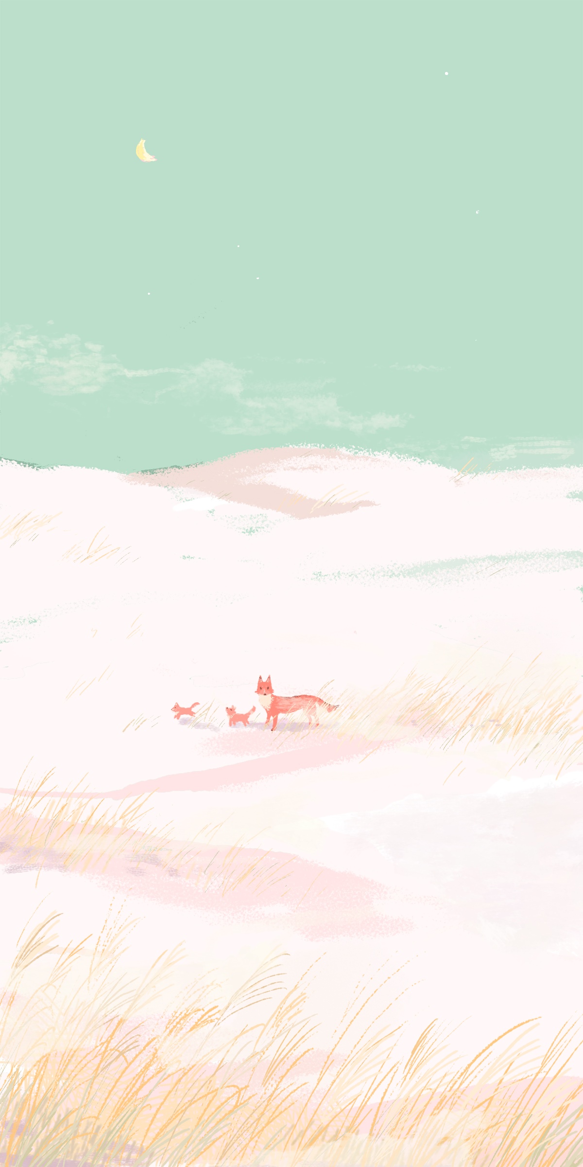 Fox family walking through a snowy landscape under a crescent moon HD Phone Wallpaper