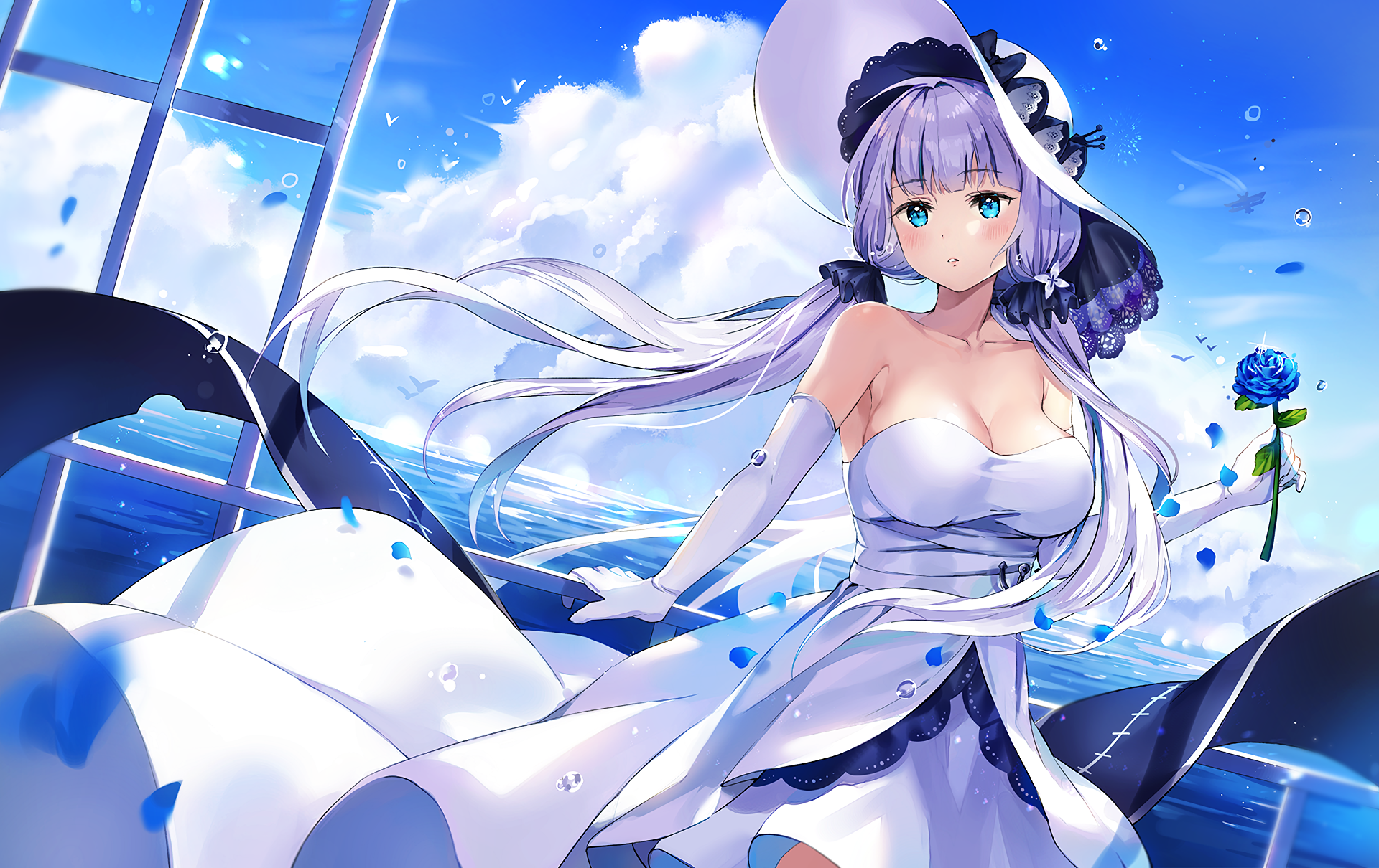 Azur Lane Illustrious in a white dress holding a blue rose HD Wallpaper