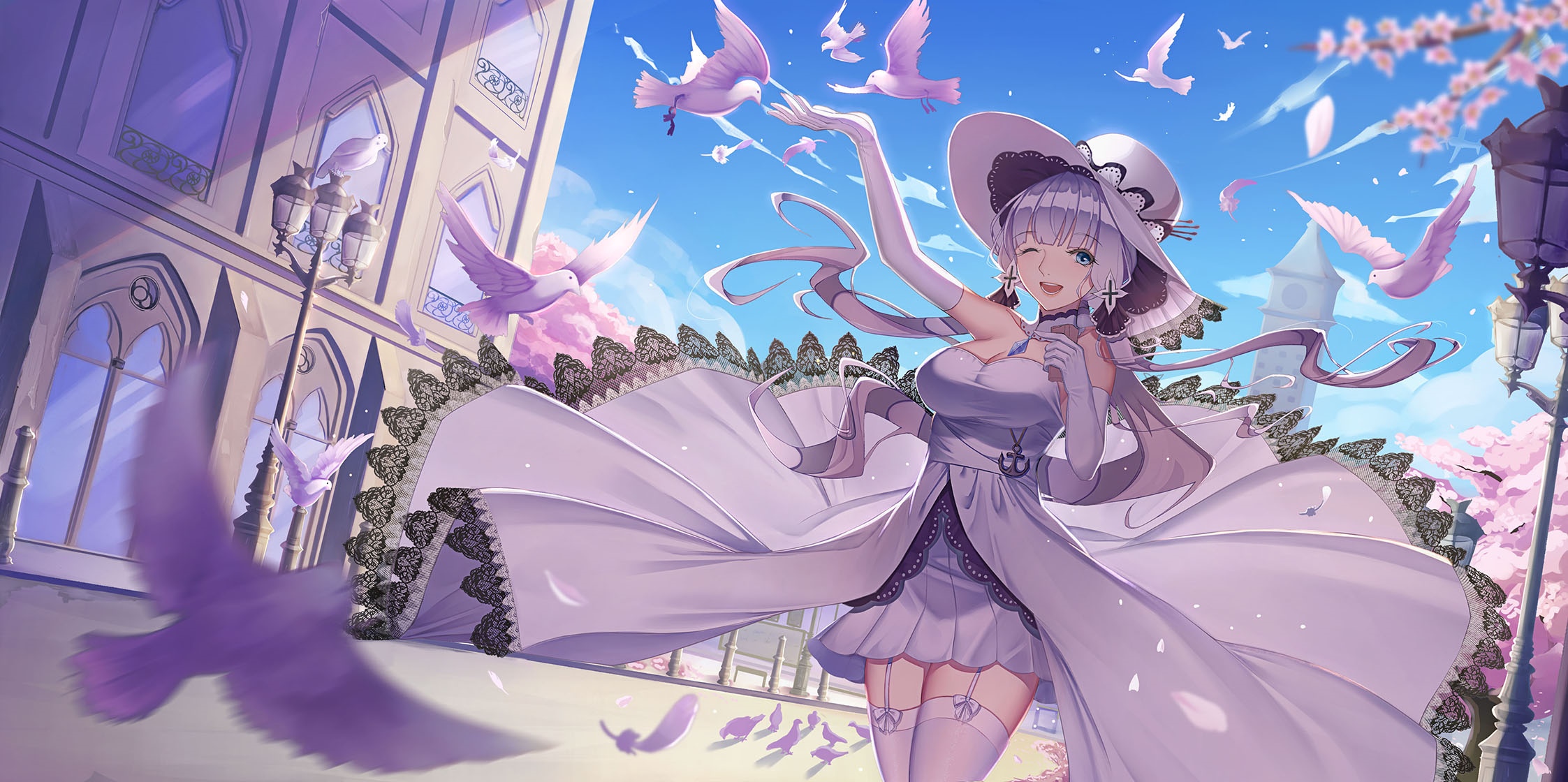 Azur Lane Illustrious with doves and cherry blossoms HD Wallpaper