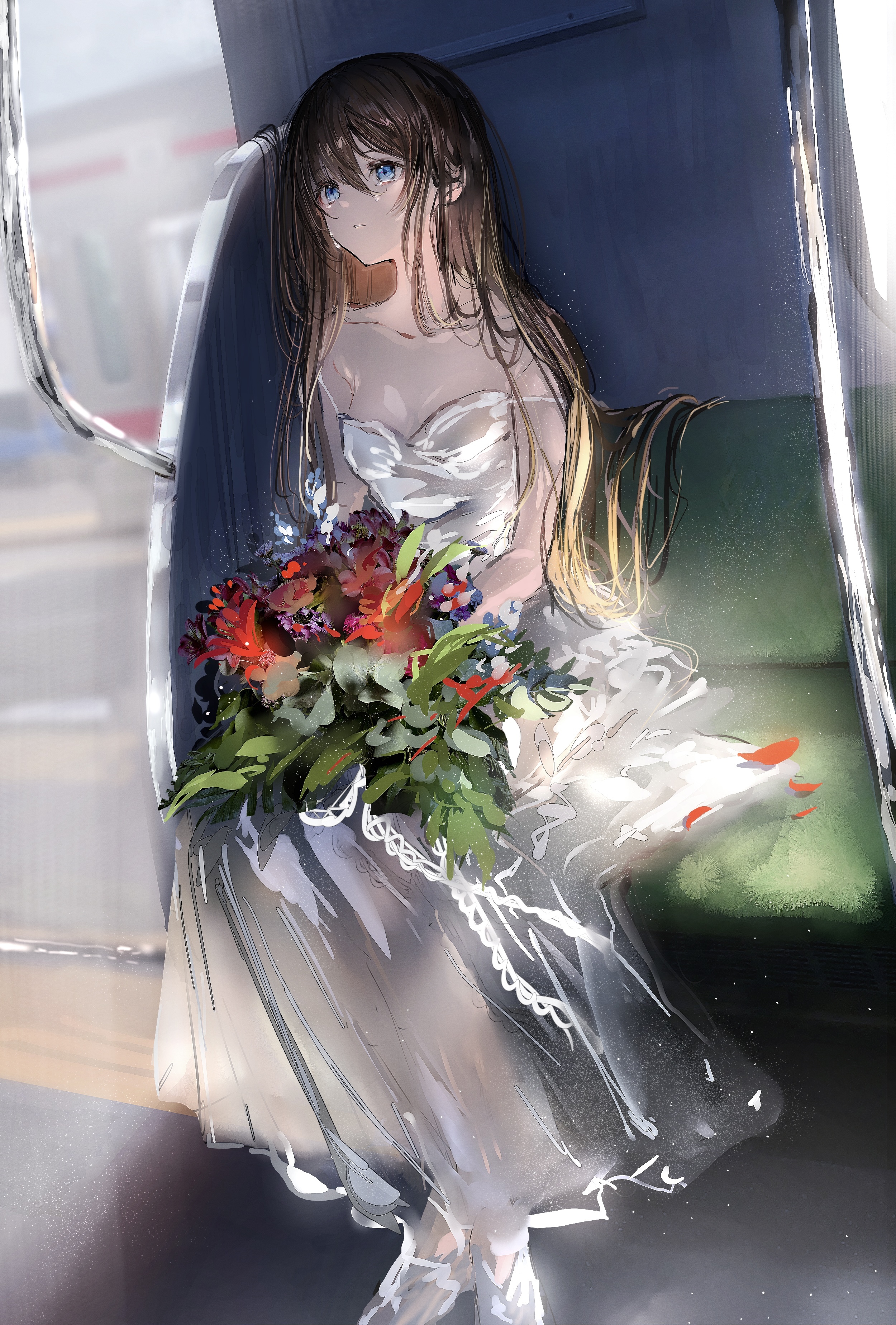 Girl in wedding dress holding flowers on a train HD Phone Wallpaper