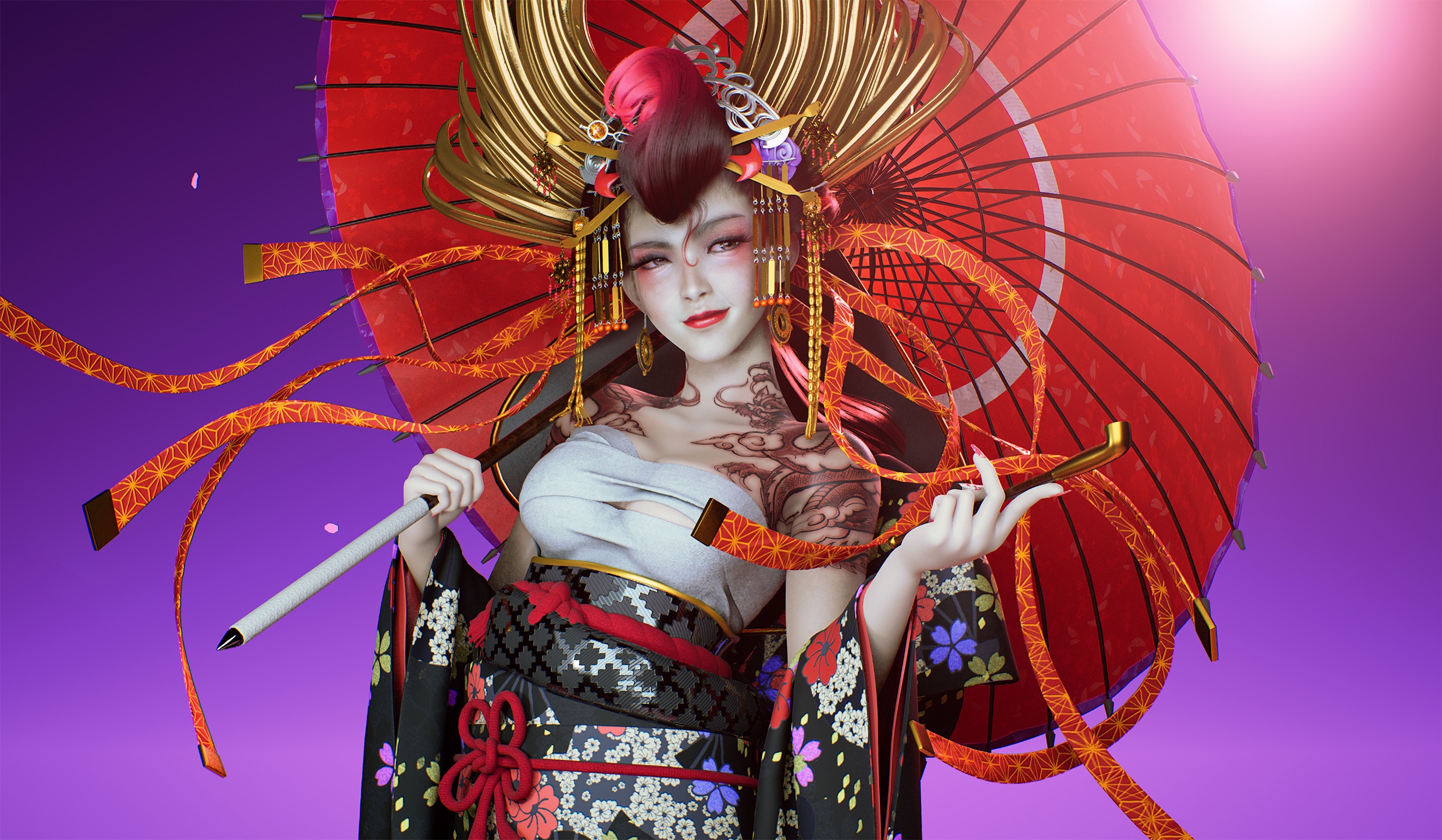 Woman in Japanese clothes holding a red umbrella HD Wallpaper