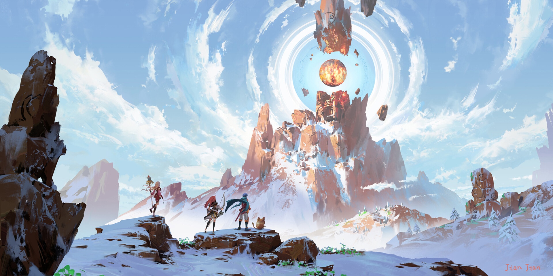 Fantasy art of characters in a surreal snowy landscape HD Wallpaper