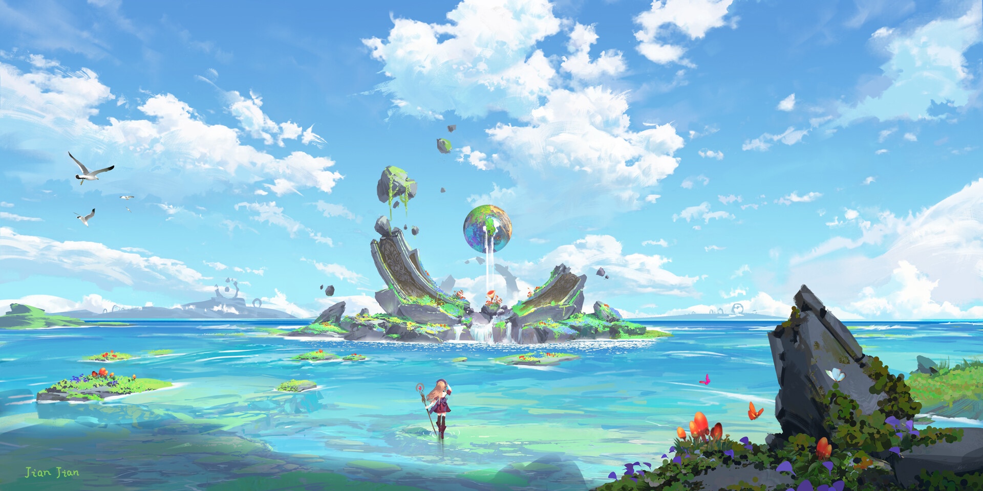 Fantasy art of a surreal island with a waterfall HD Wallpaper