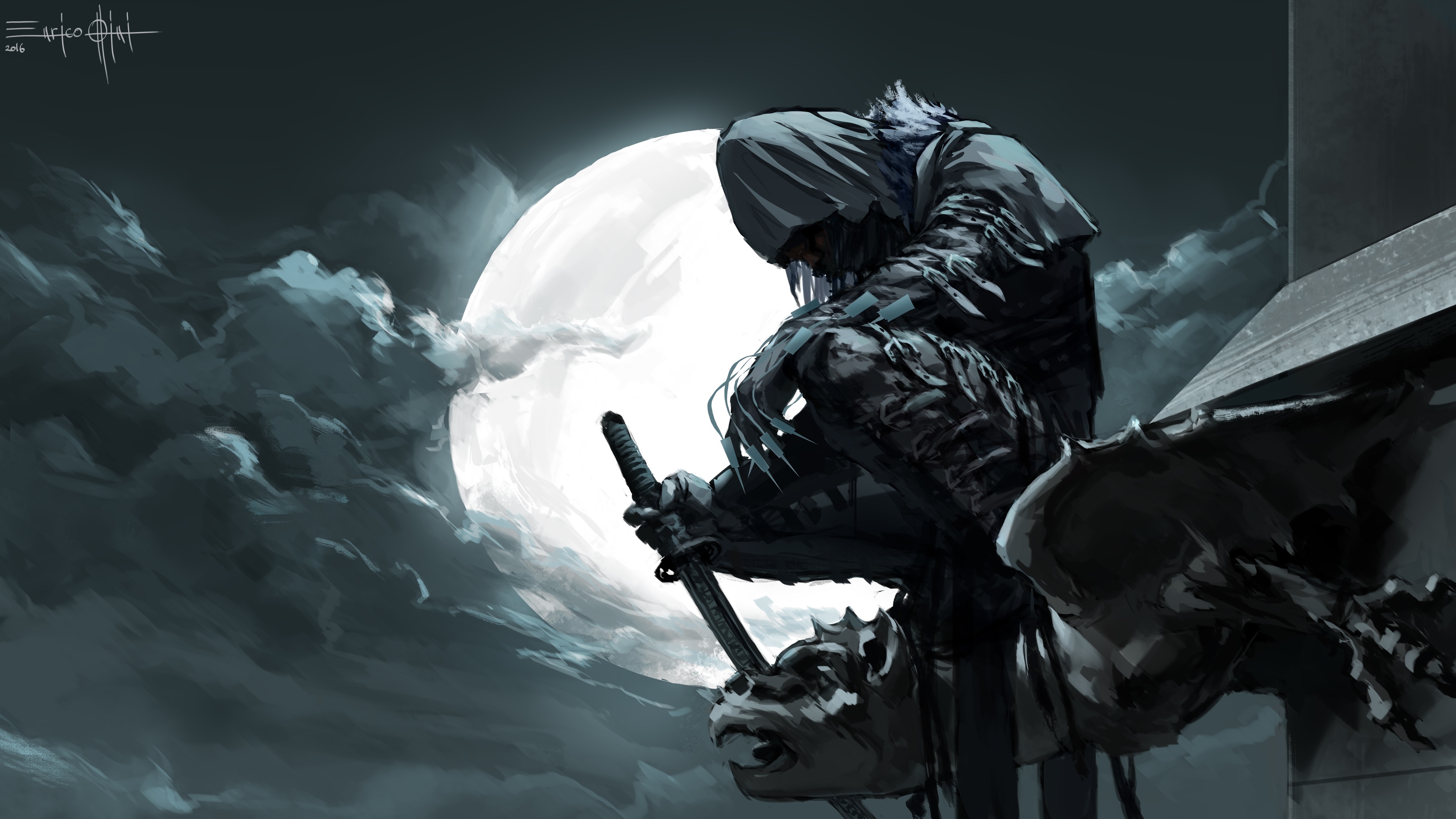 4K Ninja with Sword on Gargoyle by Enrico Ottini HD Wallpaper