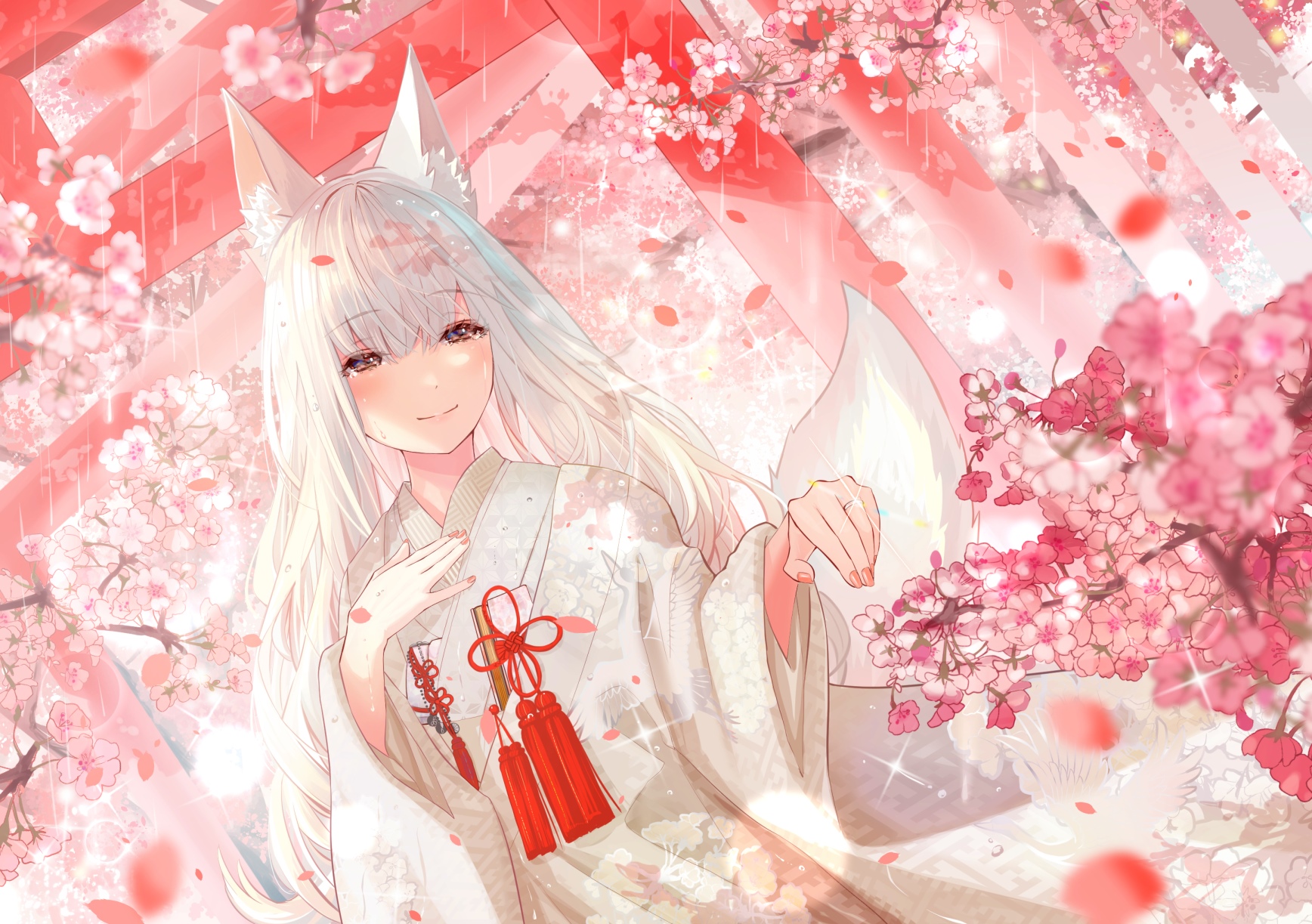 Fox girl in kimono surrounded by cherry blossoms HD Wallpaper