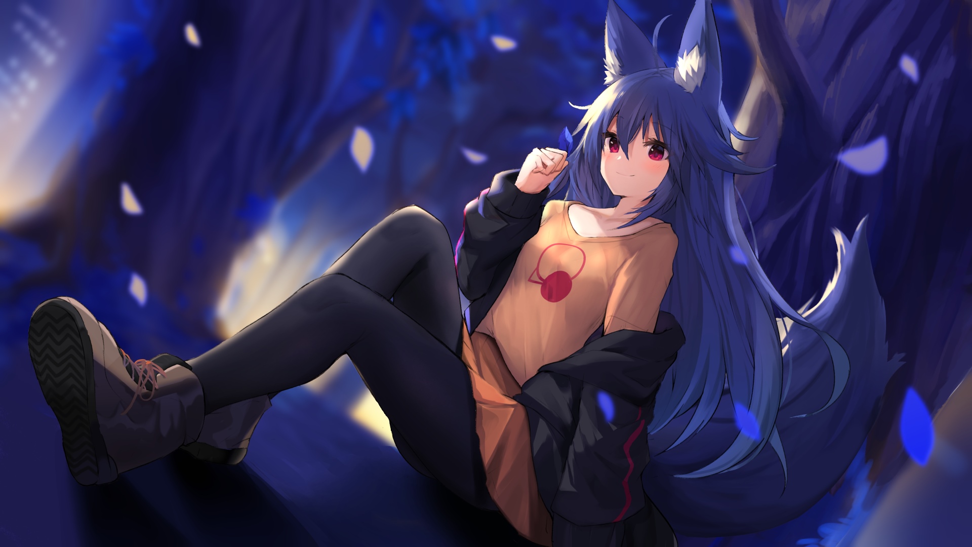 Anime fox girl with blue hair and red eyes HD Wallpaper
