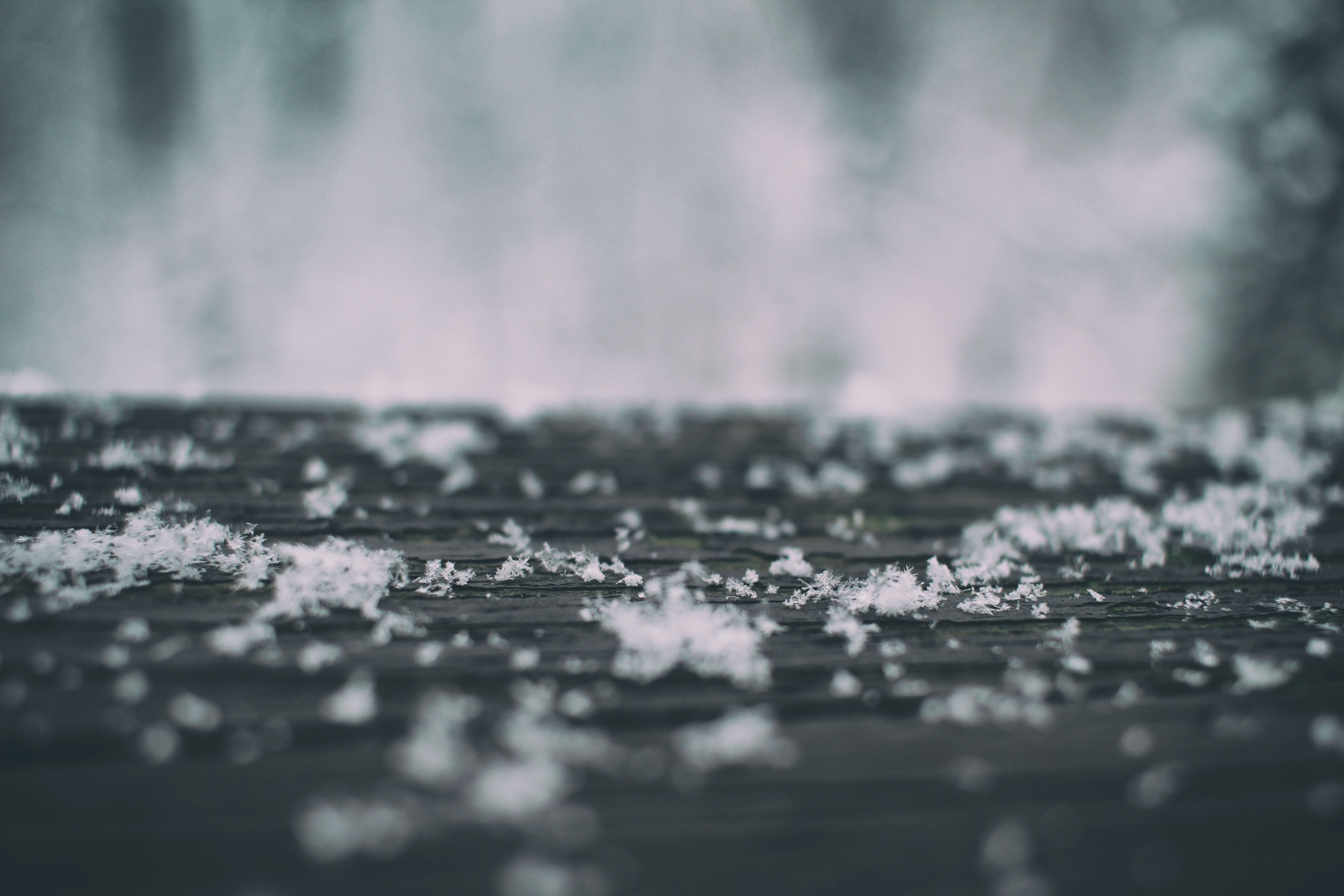 4K Macro Snow on Wood Surface in Winter HD Wallpaper