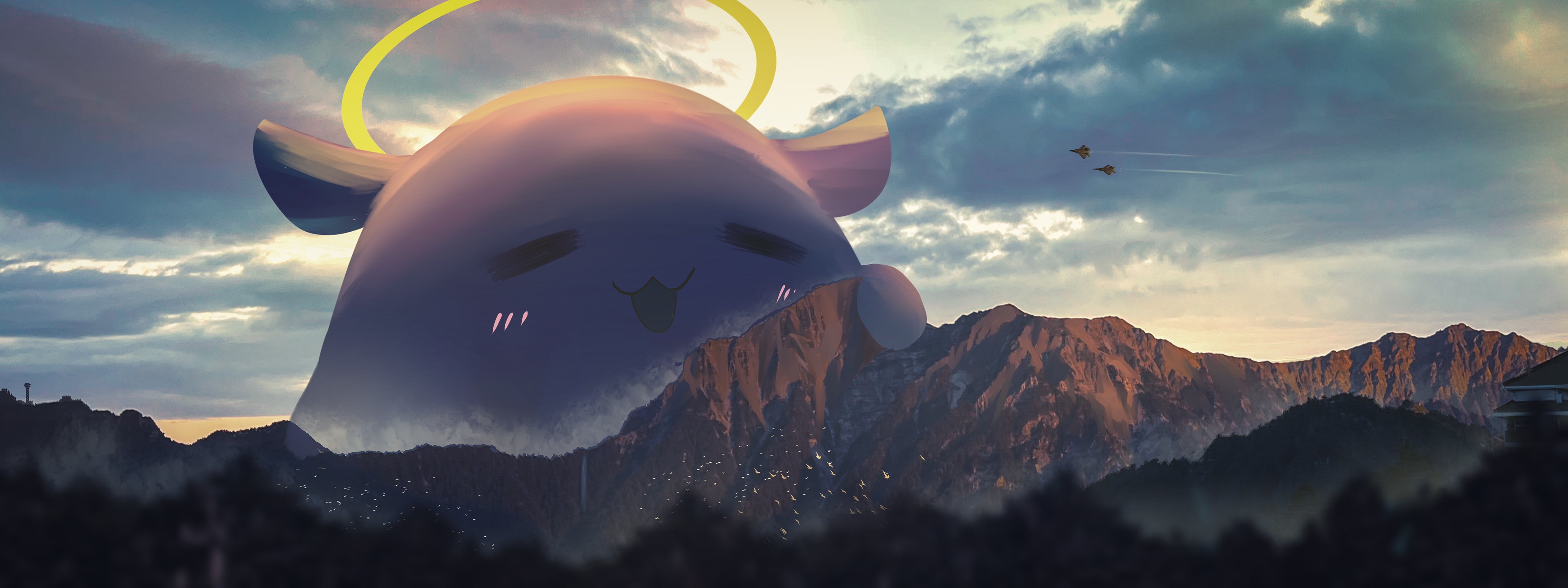 4K Ninomae Inanis Takodachi over mountains HD Wallpaper
