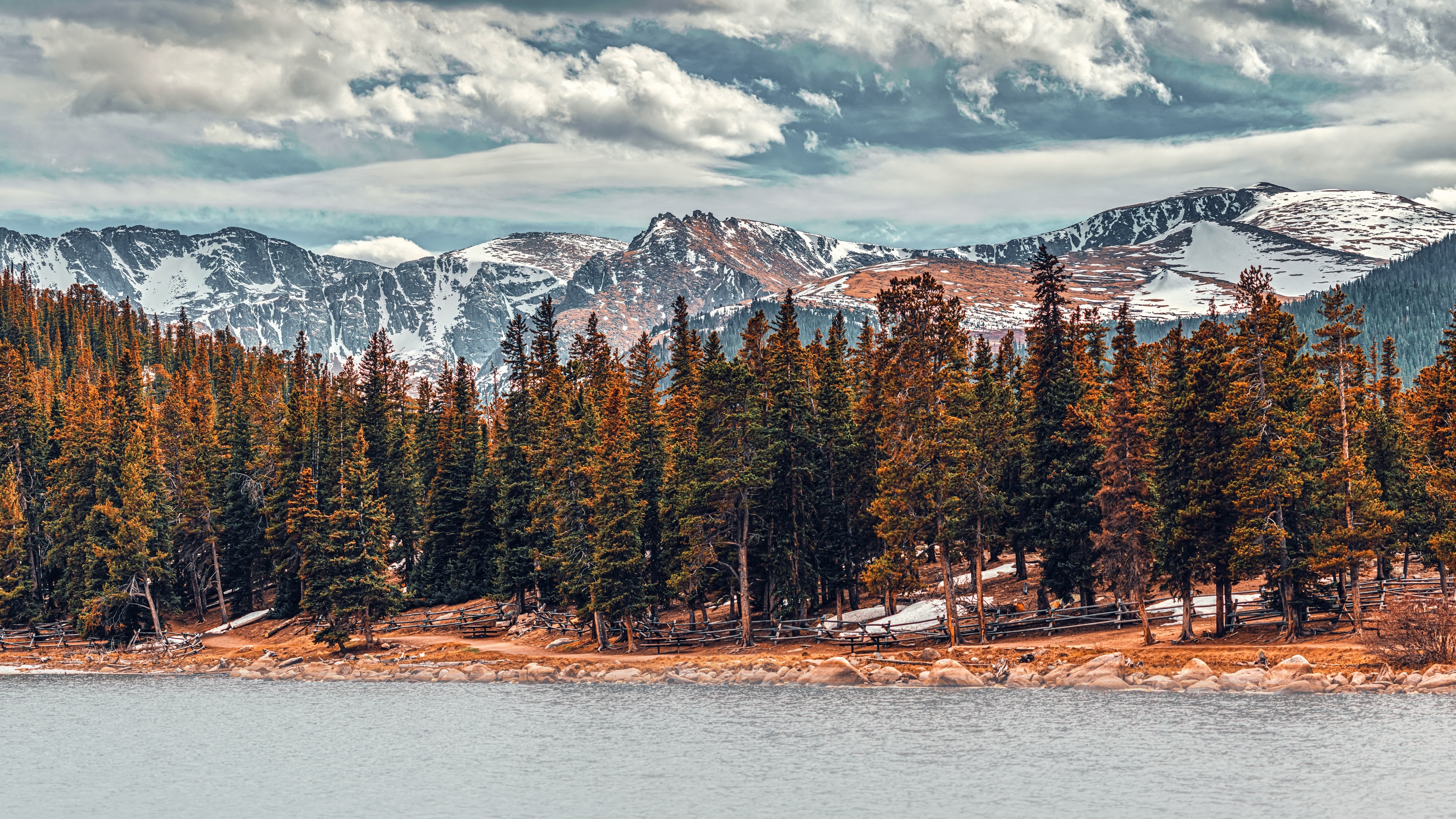 4K landscape of mountains and trees by a lake HD Wallpaper