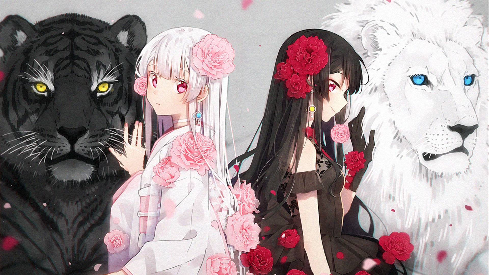 Anime girls with tiger and lion HD Wallpaper