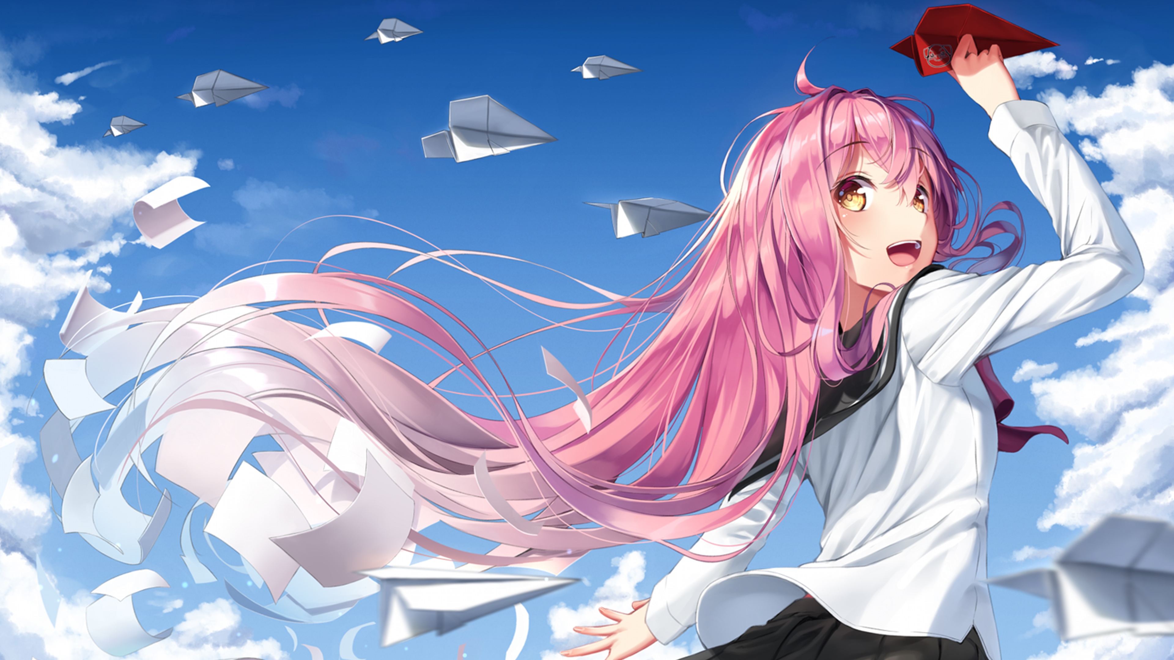 4K anime girl with pink hair throwing paper airplanes HD Wallpaper
