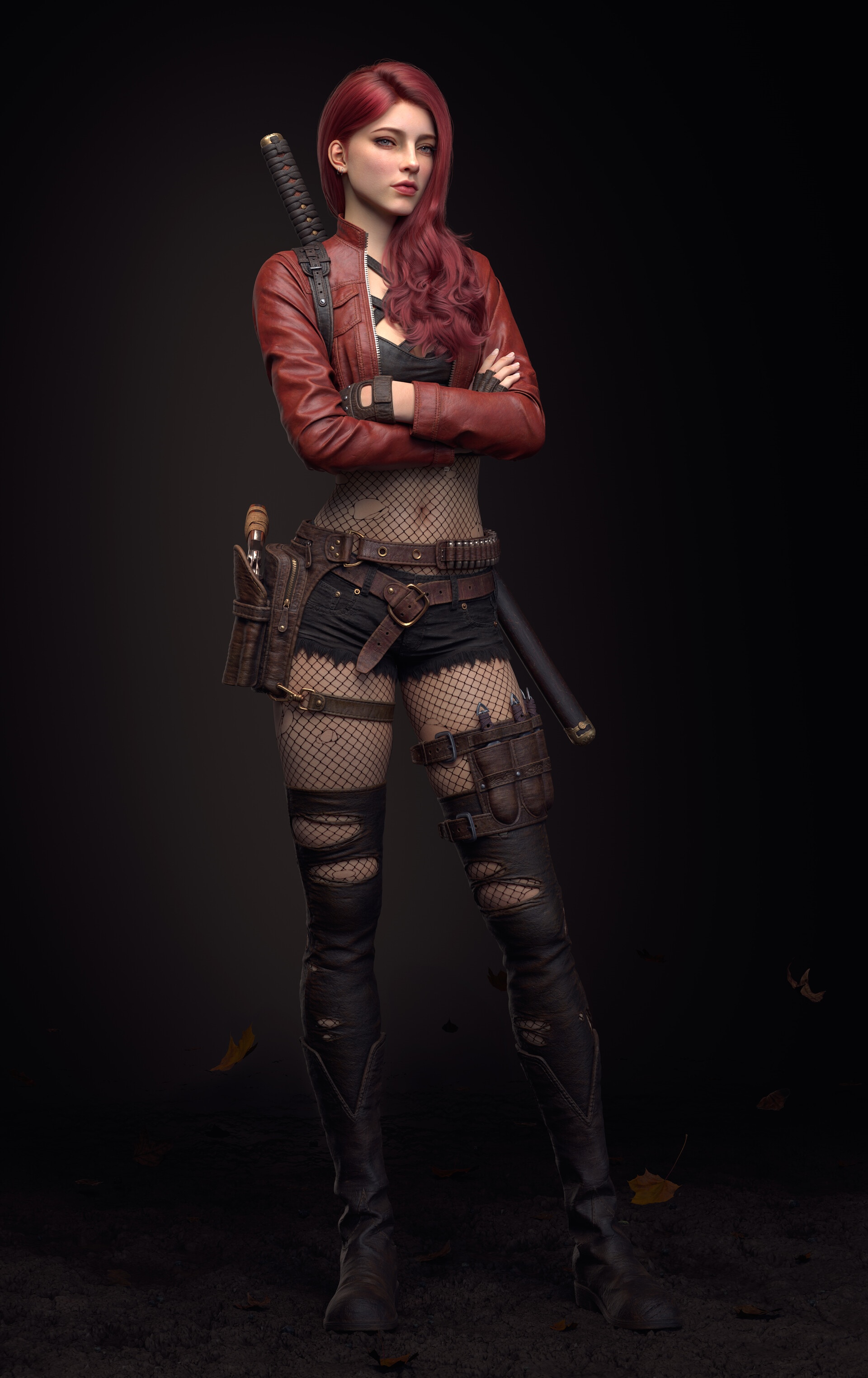 Woman with red hair and sword, wearing a red jacket HD Phone Wallpaper