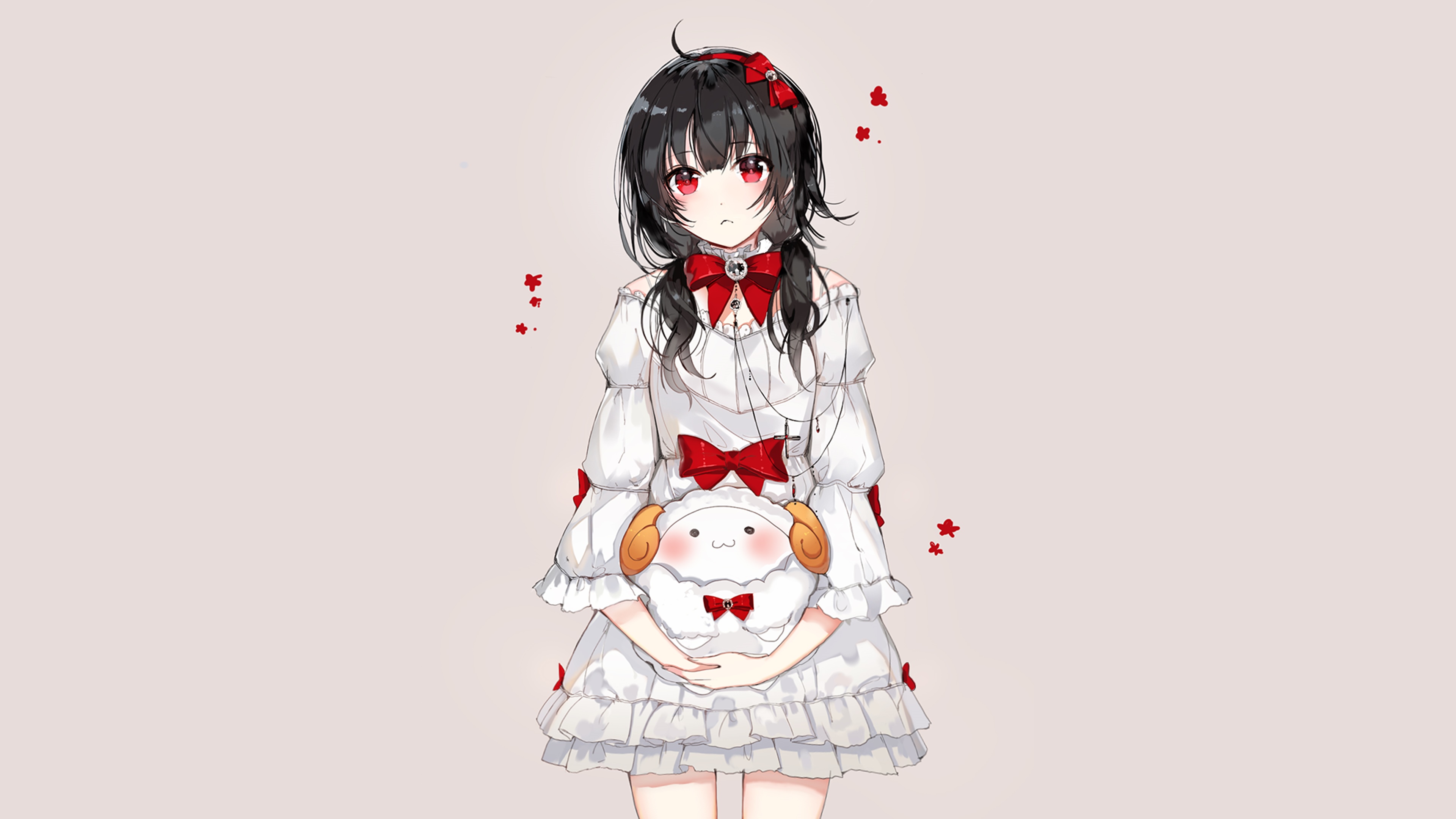 Anime girl with red eyes holding a sheep plushie HD Wallpaper