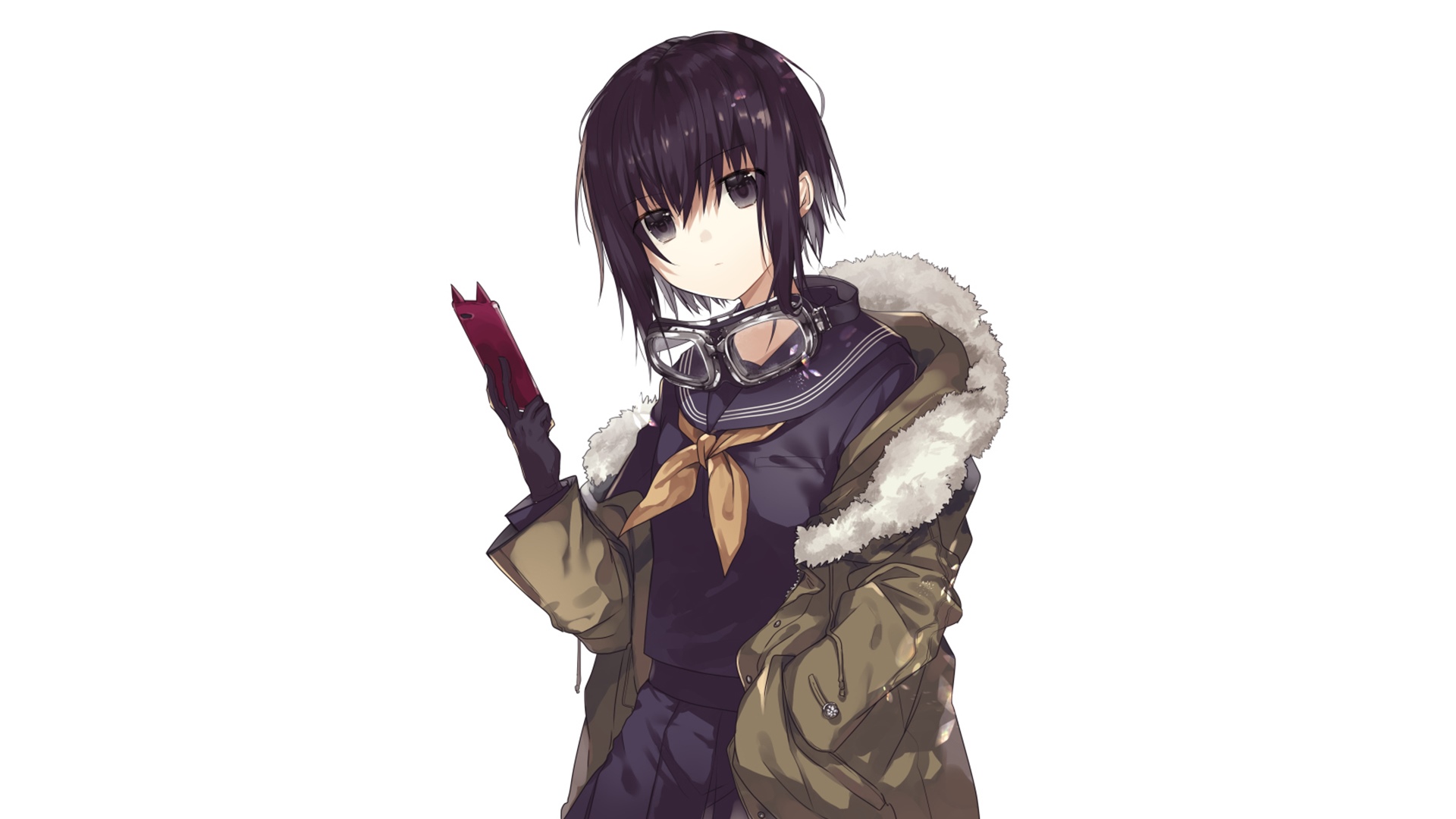 Anime girl with goggles and a fur-lined coat HD Wallpaper