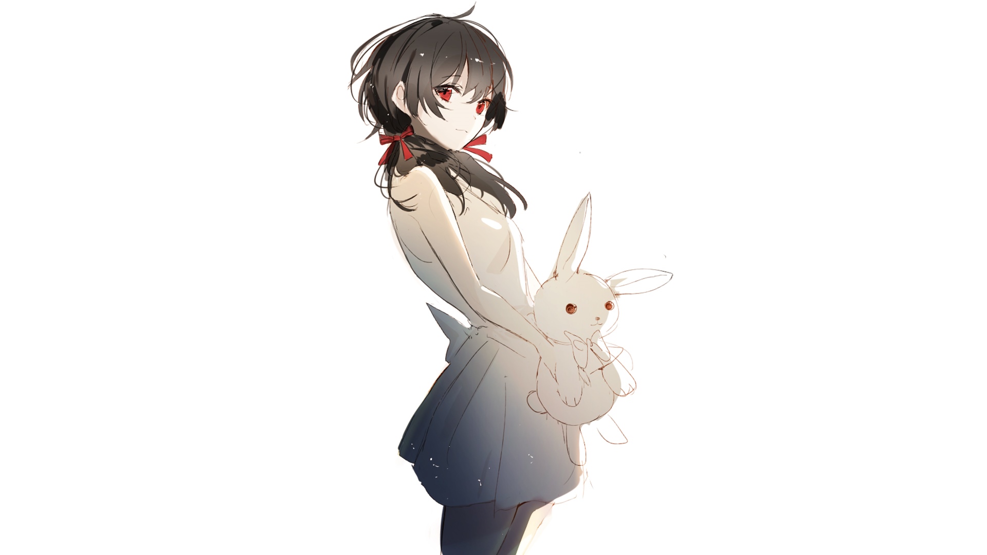 Girl with red eyes and dark hair holding a stuffed rabbit HD Wallpaper