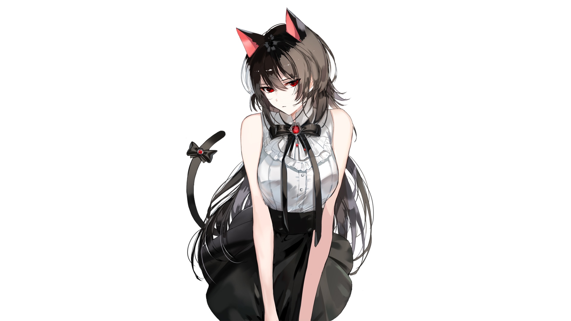 Cat girl with dark hair and red eyes HD Wallpaper