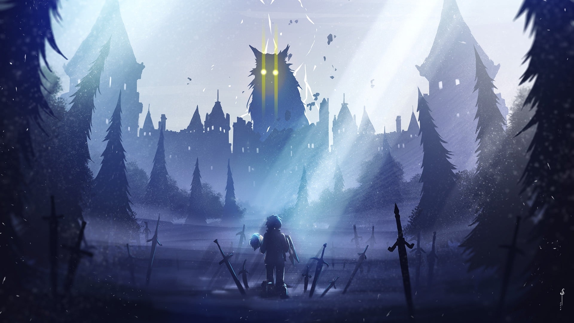 Rem in a fantasy landscape with a wolf-like creature HD Wallpaper