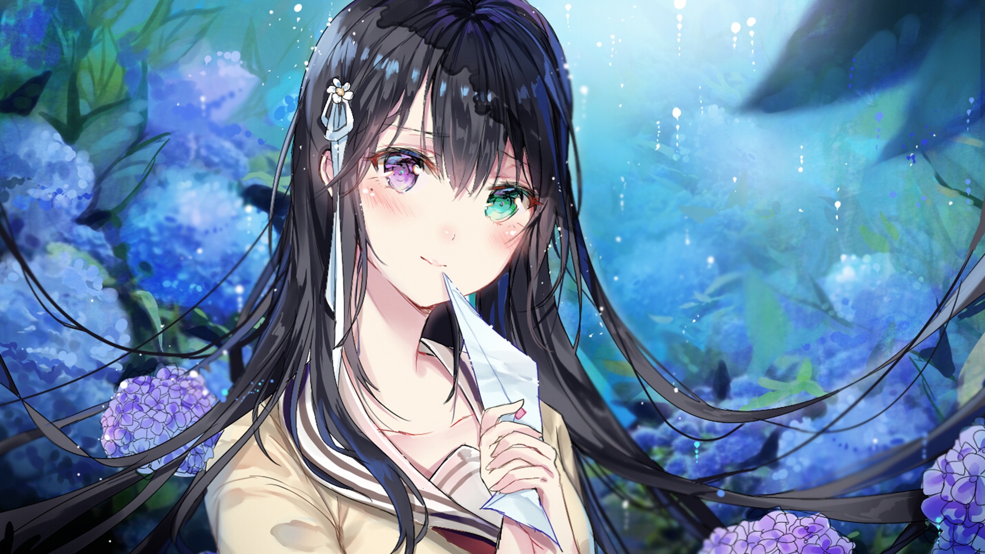 Anime girl with dark hair and heterochromia in a school uniform HD Wallpaper