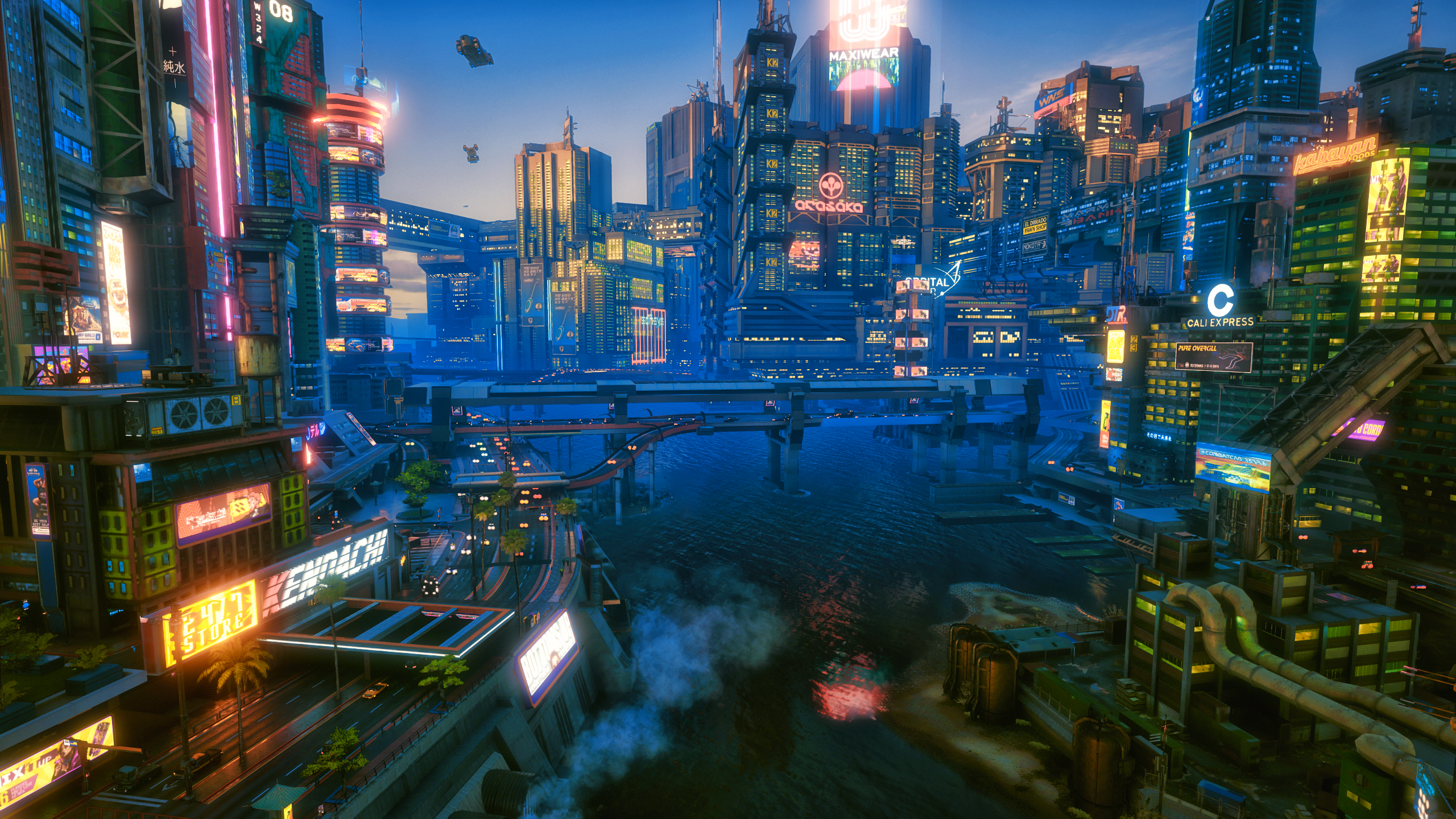 Cyberpunk 2077 cityscape with neon lights and flying vehicles HD Wallpaper