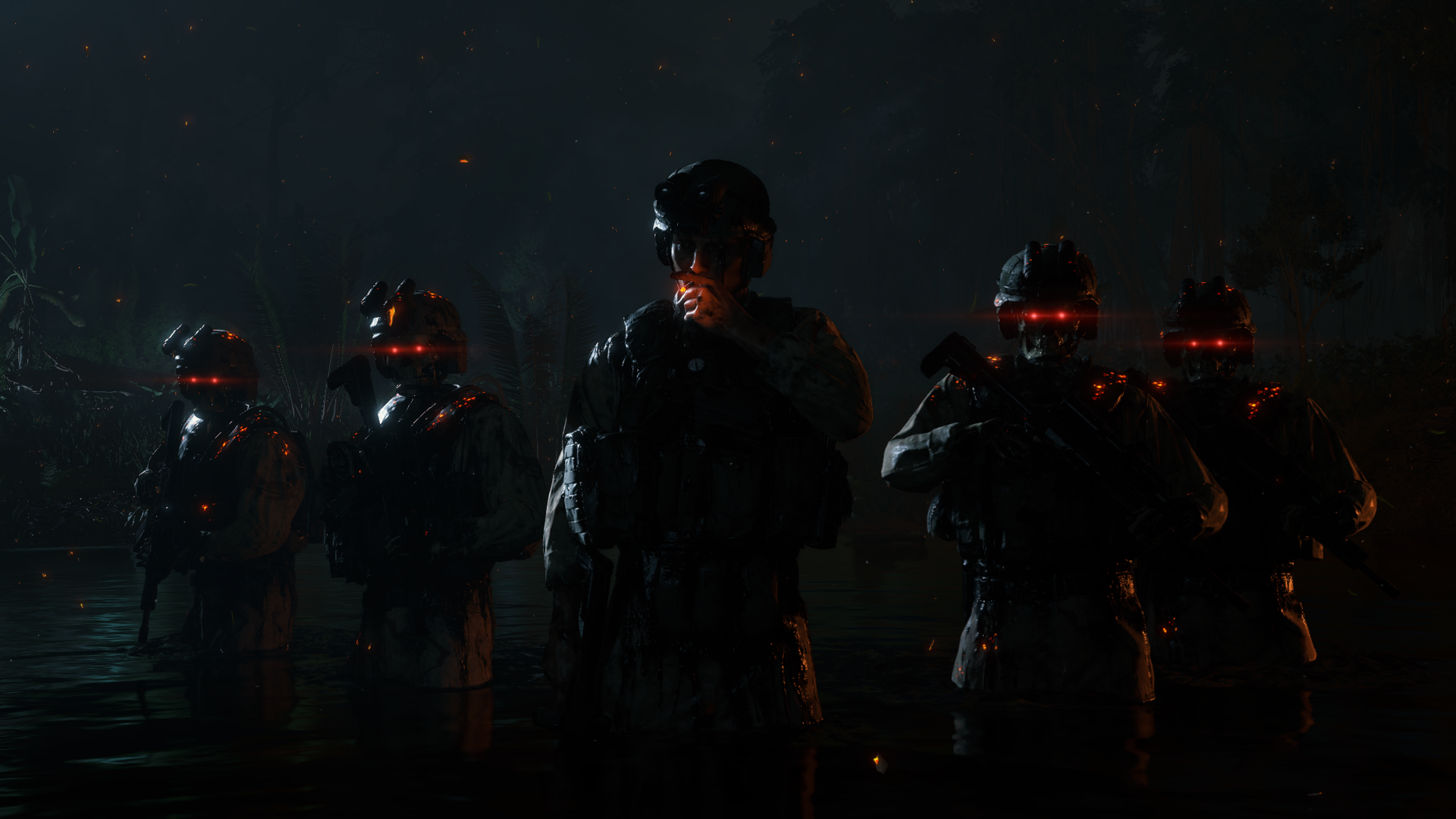 Death Stranding soldiers with glowing red eyes in water HD Wallpaper