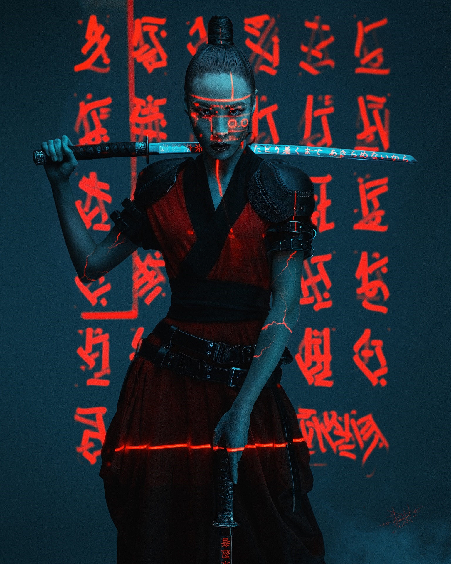 Woman with sword and Japanese typography HD Phone Wallpaper