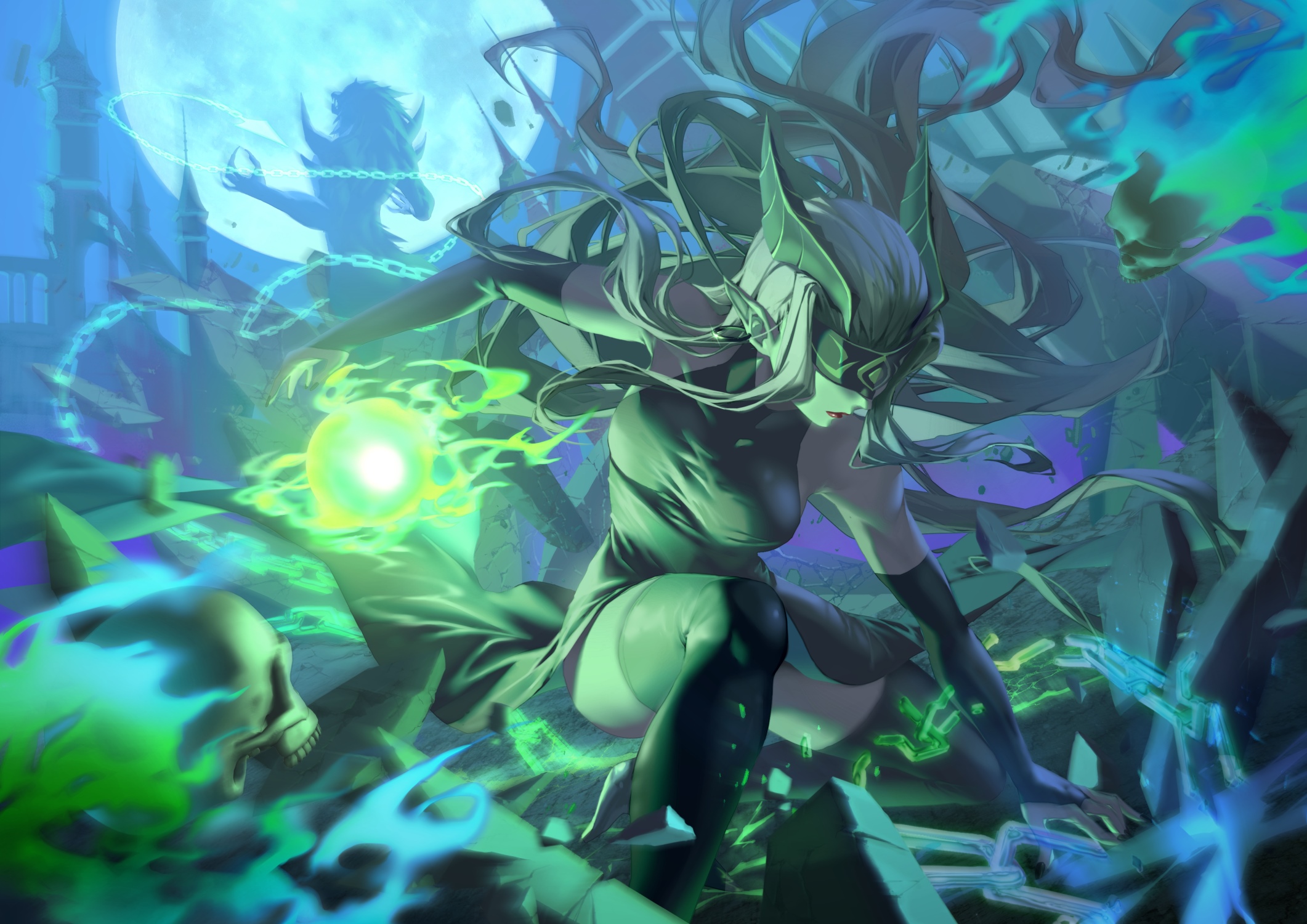 AFK Arena: Morigane casting a spell with skulls HD Wallpaper