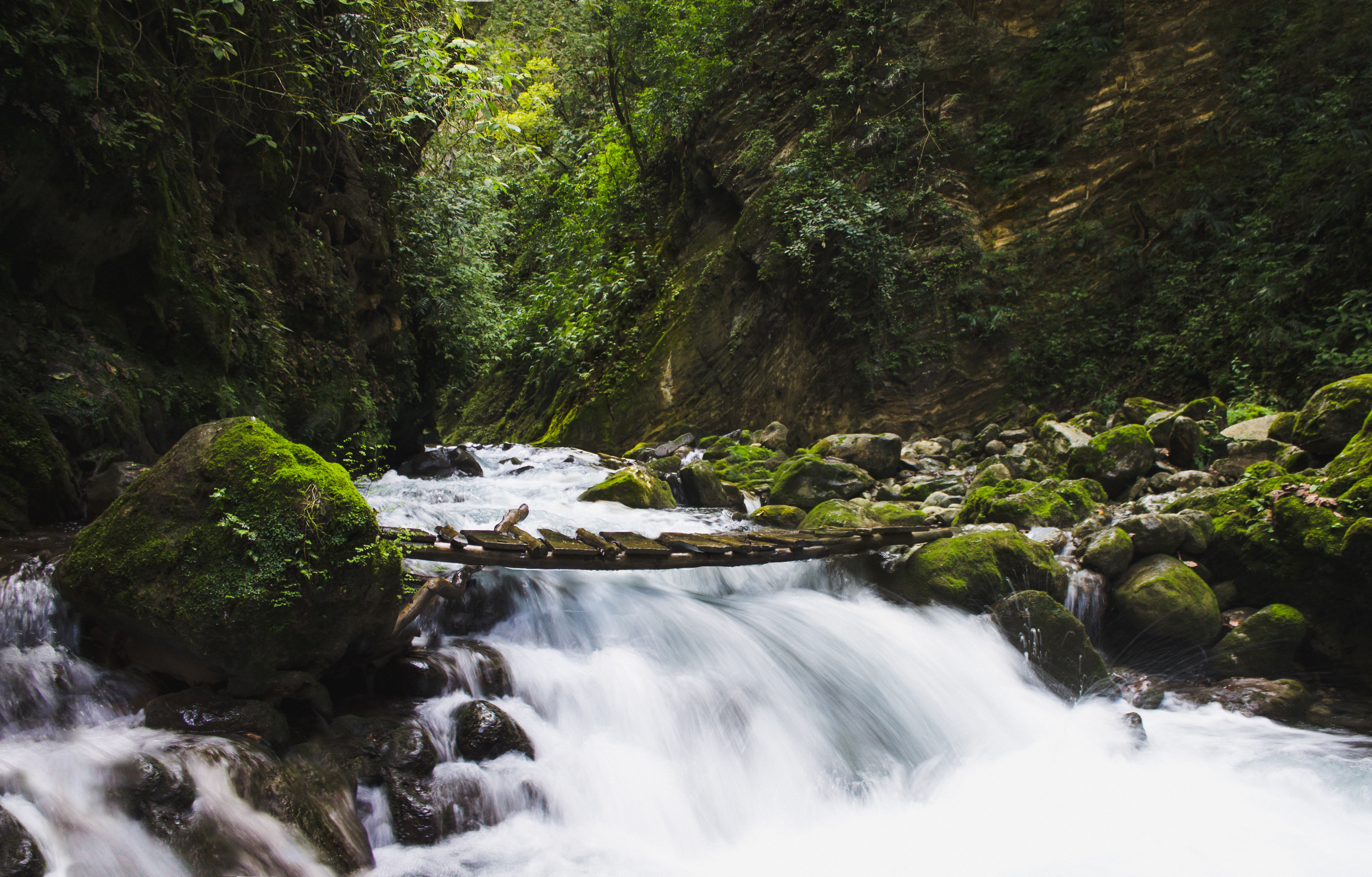 4K waterfall with a wooden bridge in Mexico HD Wallpaper