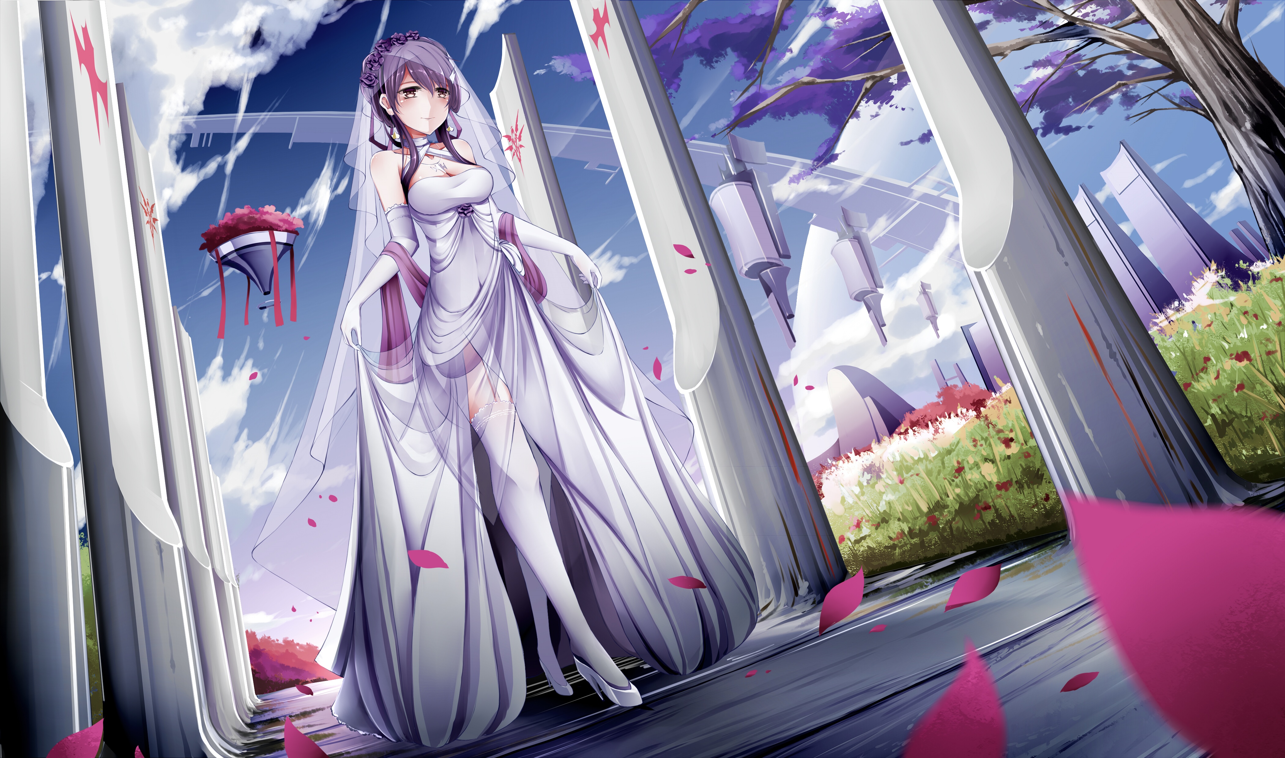 Anotoki Ashi in a wedding dress with petals HD Wallpaper