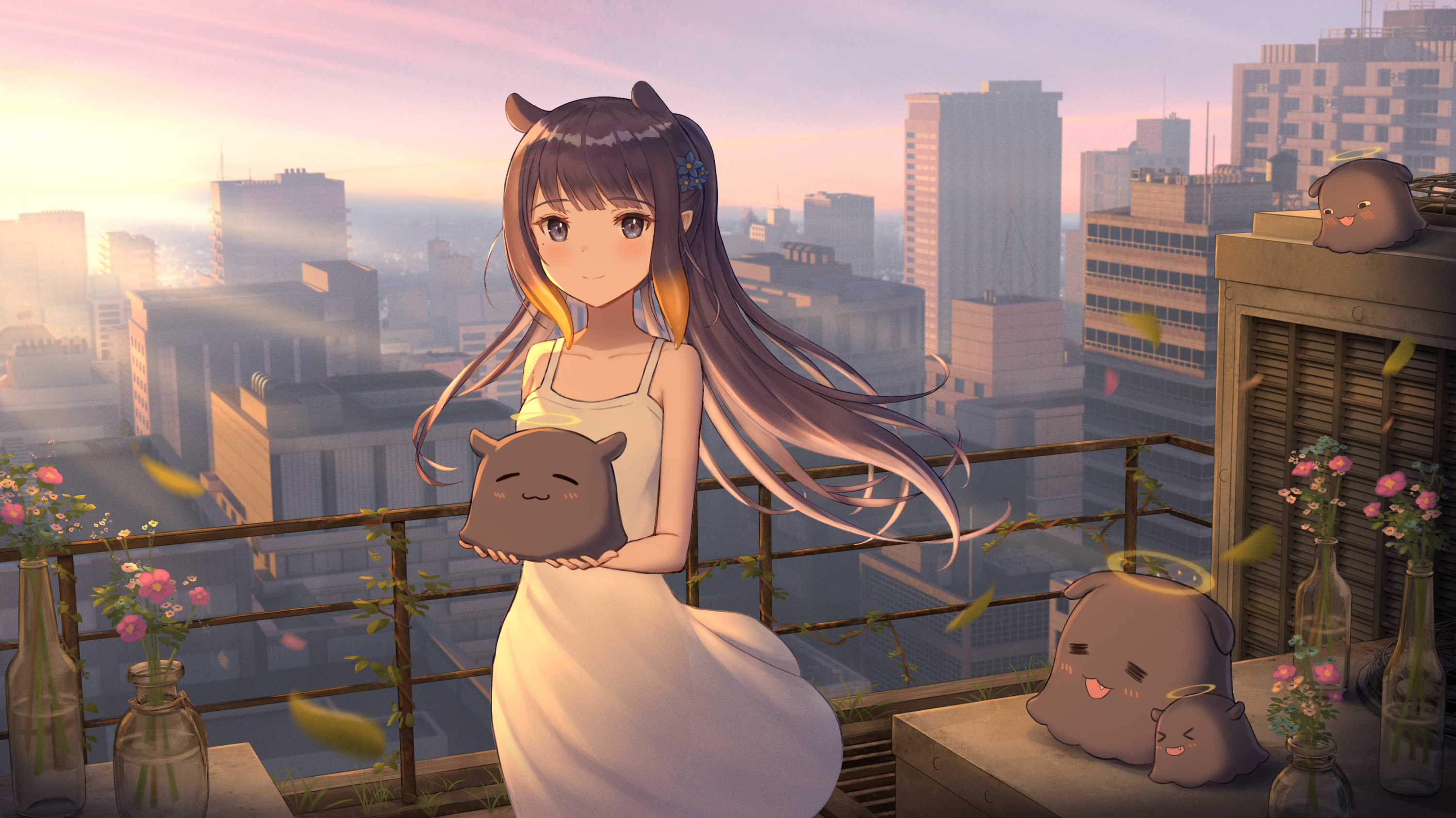 Ninomae Ina and Takodachi on a rooftop at sunset HD Wallpaper