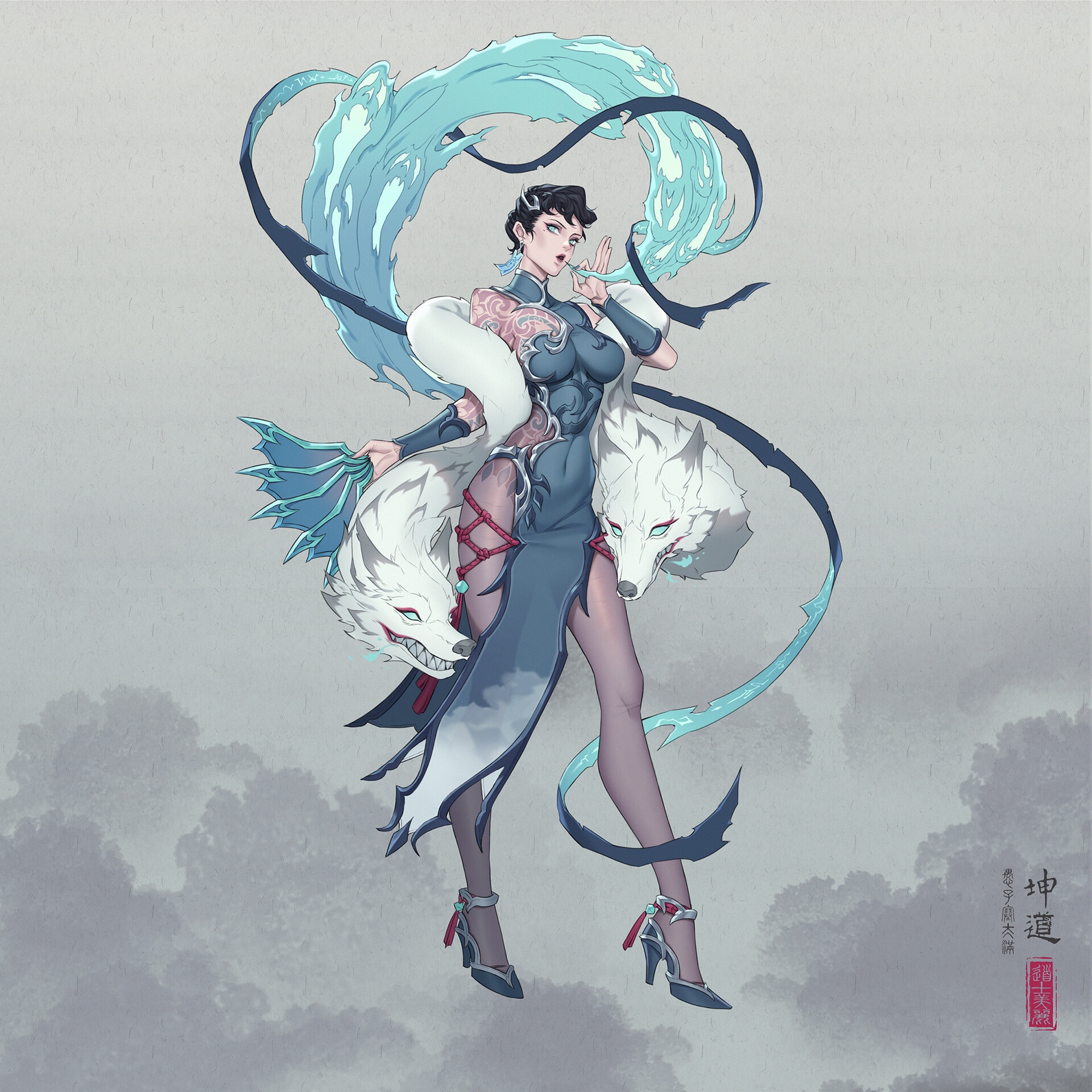 Fantasy girl with two white wolves and water elements HD Wallpaper