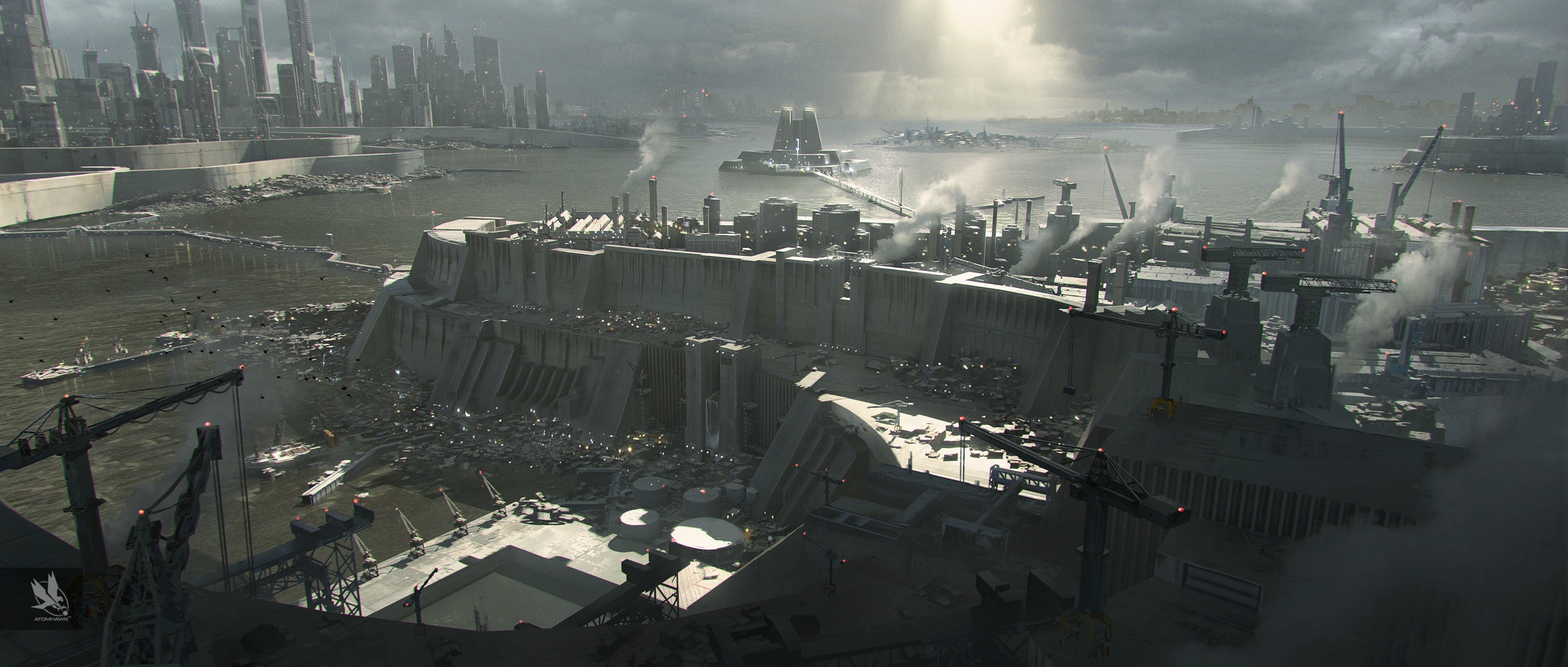 Futuristic Cityscape with Industrial Harbor HD Wallpaper