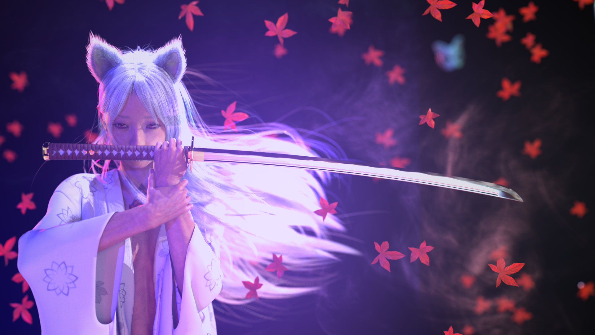 Fantasy fox girl with katana and kimono HD Wallpaper