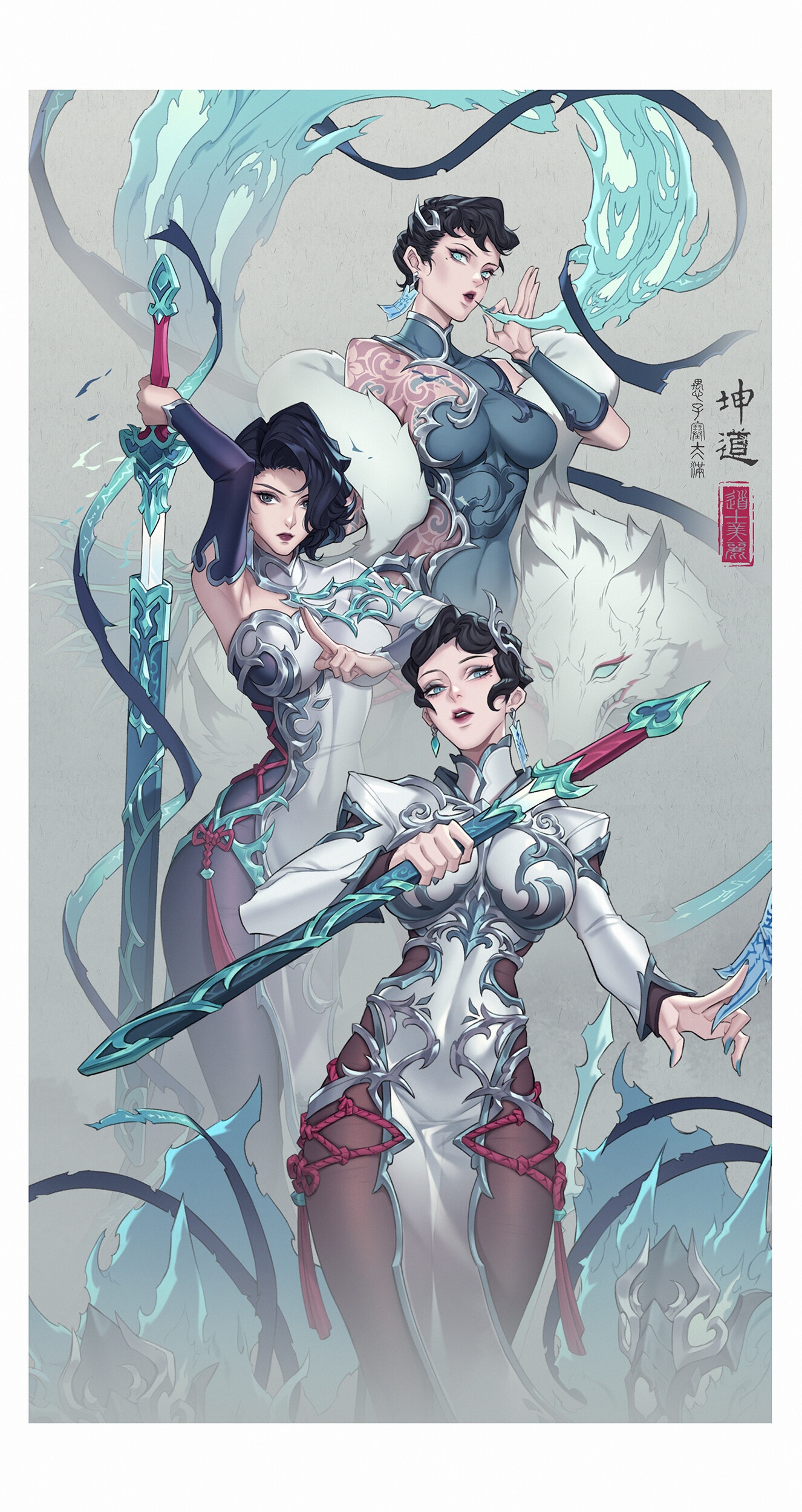 Three fantasy women with swords and blue energy HD Phone Wallpaper
