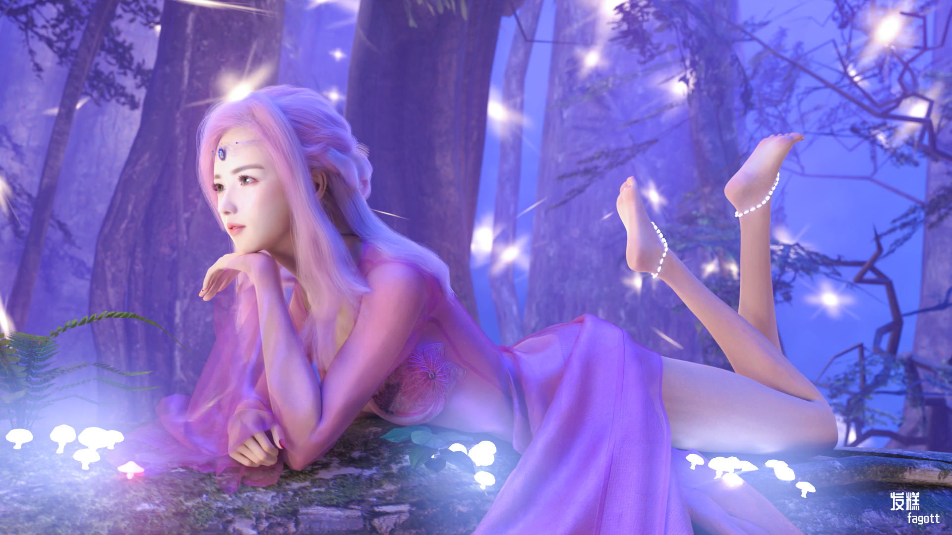 Fantasy girl with pink hair in a purple dress in a forest HD Wallpaper