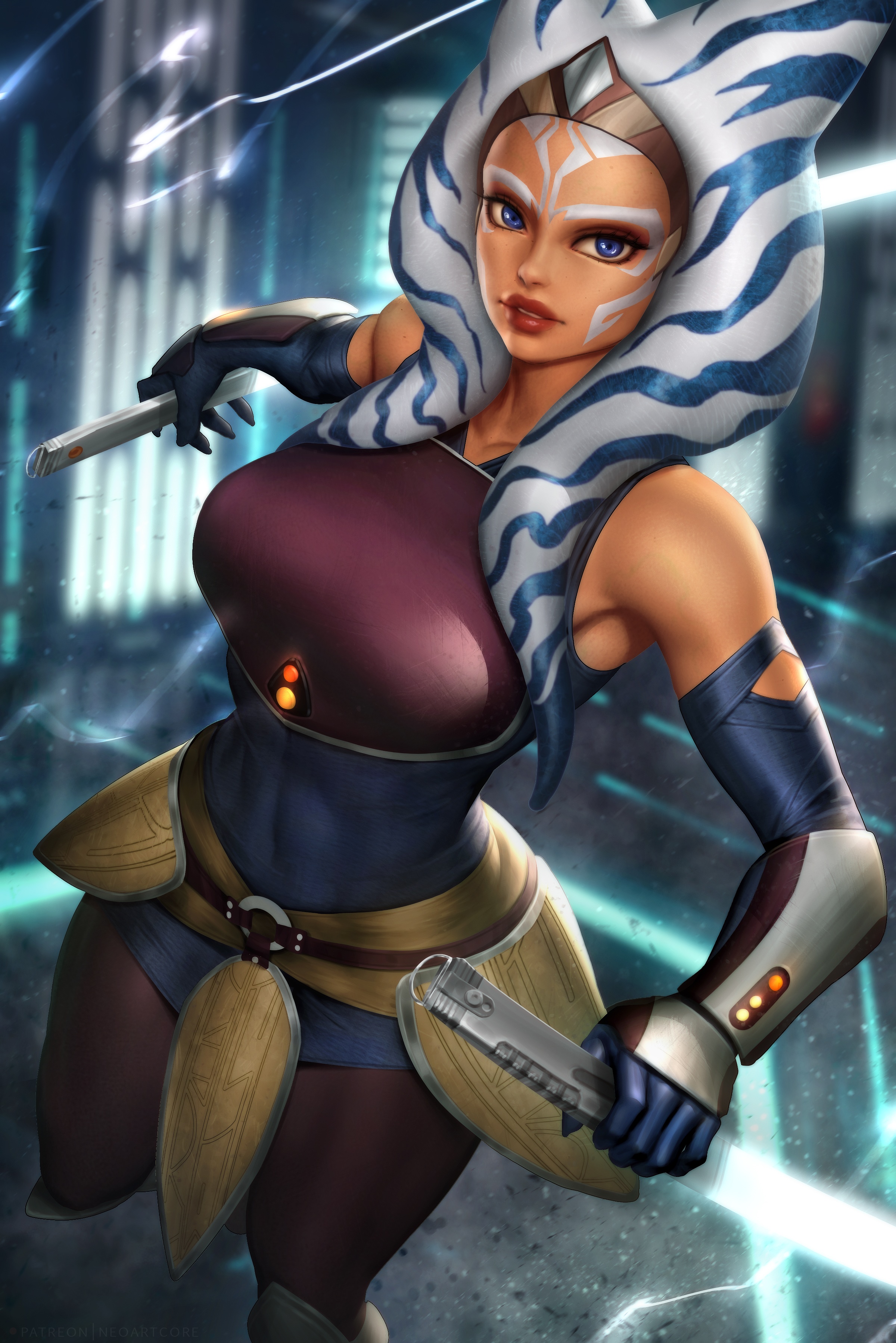 Ahsoka Tano holding lightsabers in a futuristic setting HD Phone Wallpaper