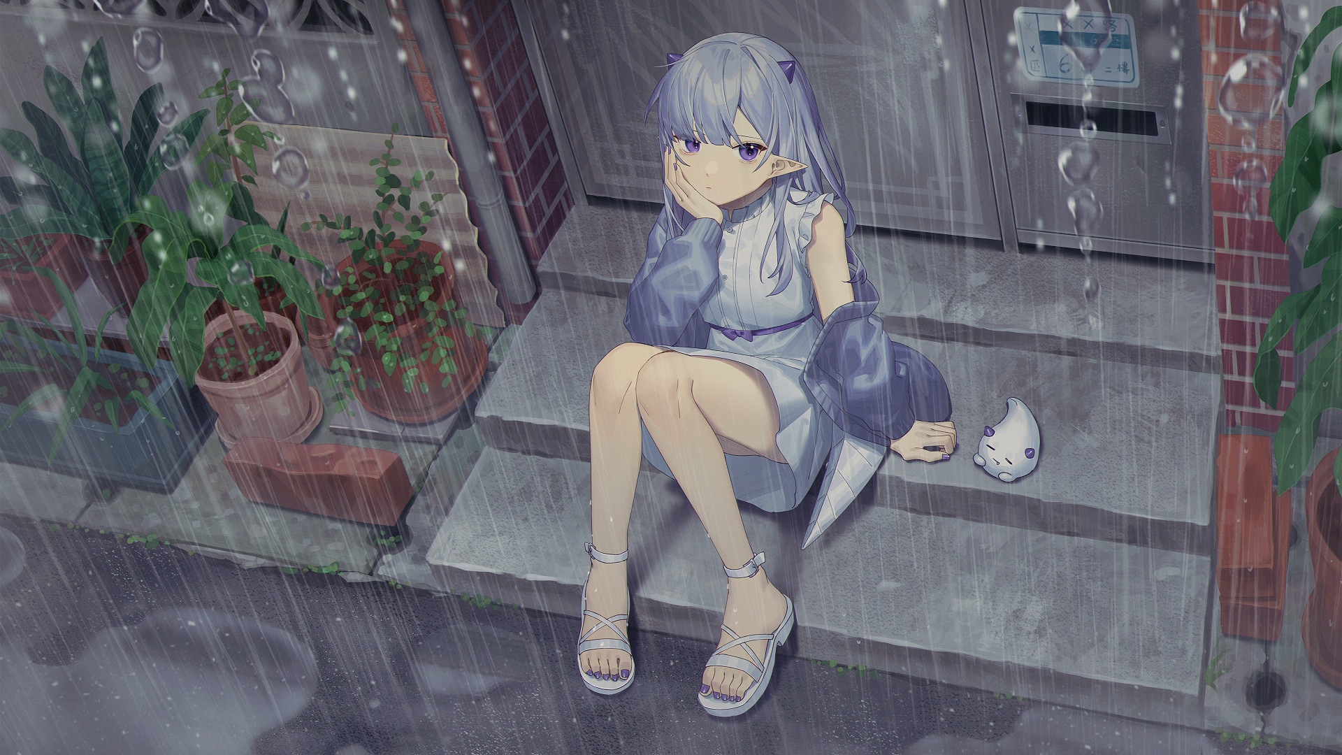 Girl with pointy ears sitting in the rain HD Wallpaper