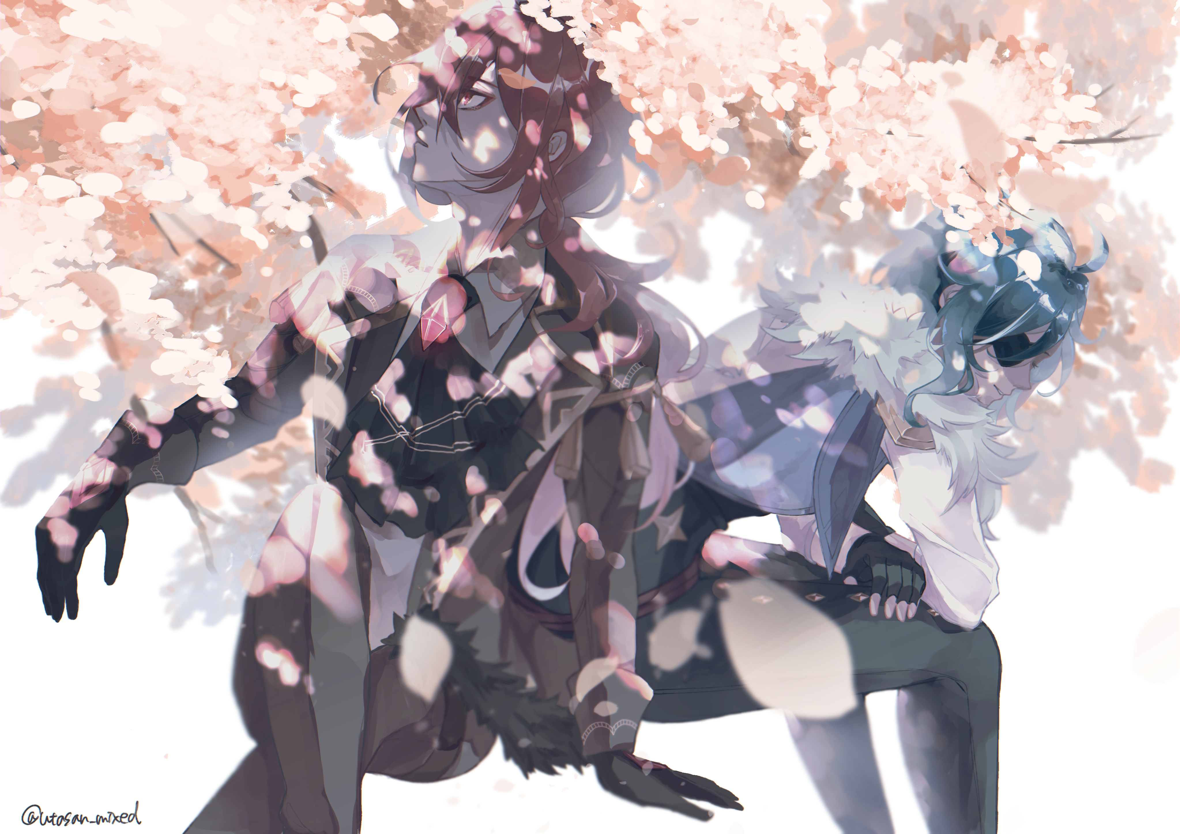 Diluc and Kaeya from Genshin Impact under cherry blossoms HD Wallpaper