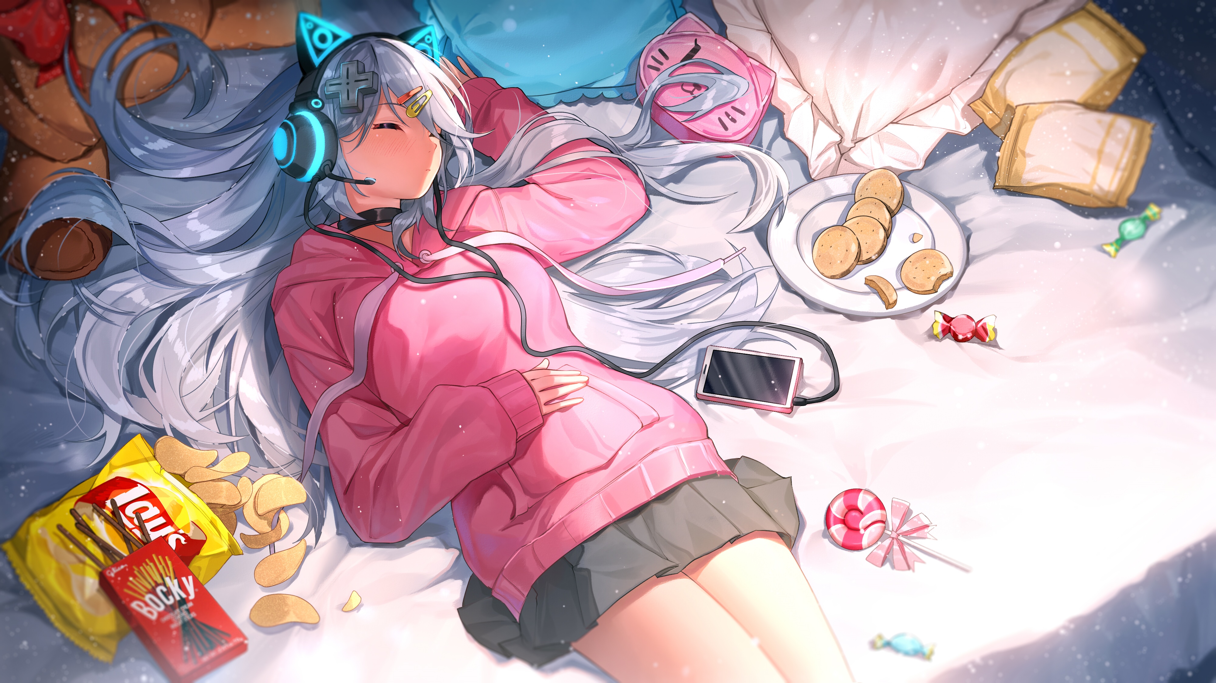 Virtual YouTuber Ihachisu lying in bed with headphones HD Wallpaper