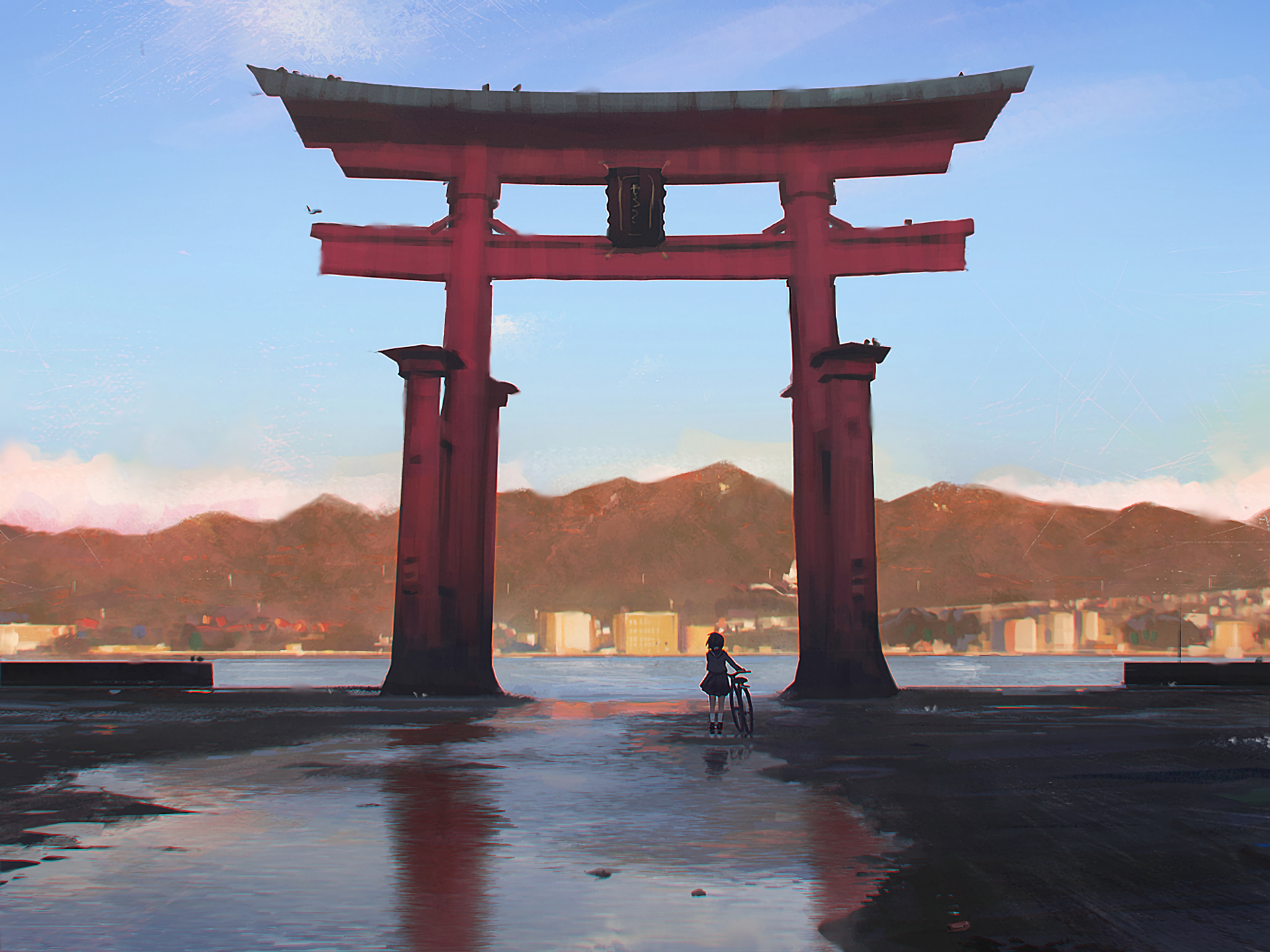 Girl with bicycle in front of a Torii gate HD Wallpaper