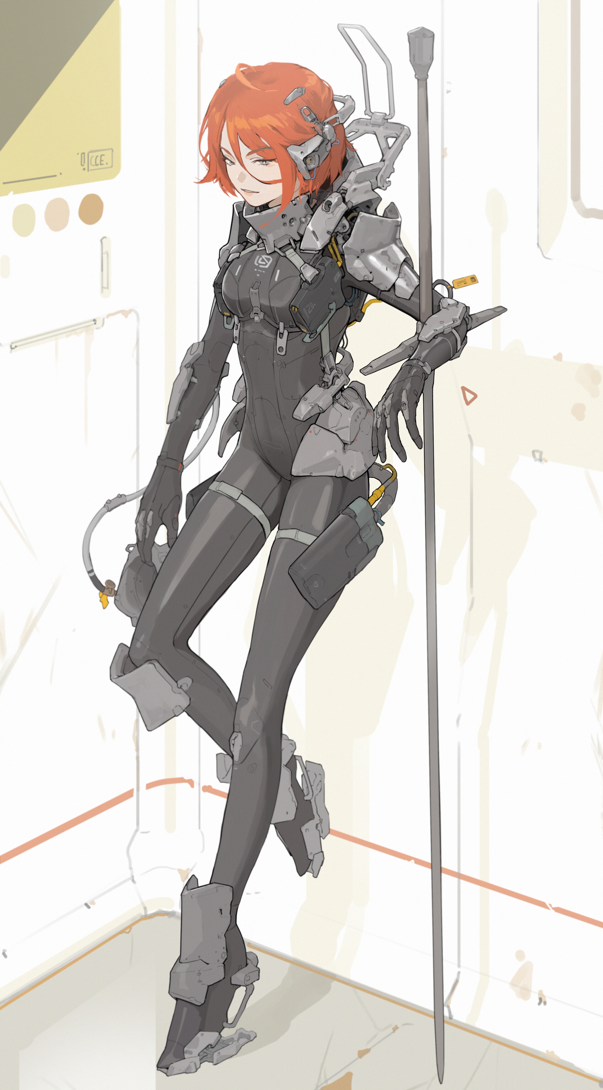 Futuristic woman in sci-fi suit holding a staff HD Phone Wallpaper