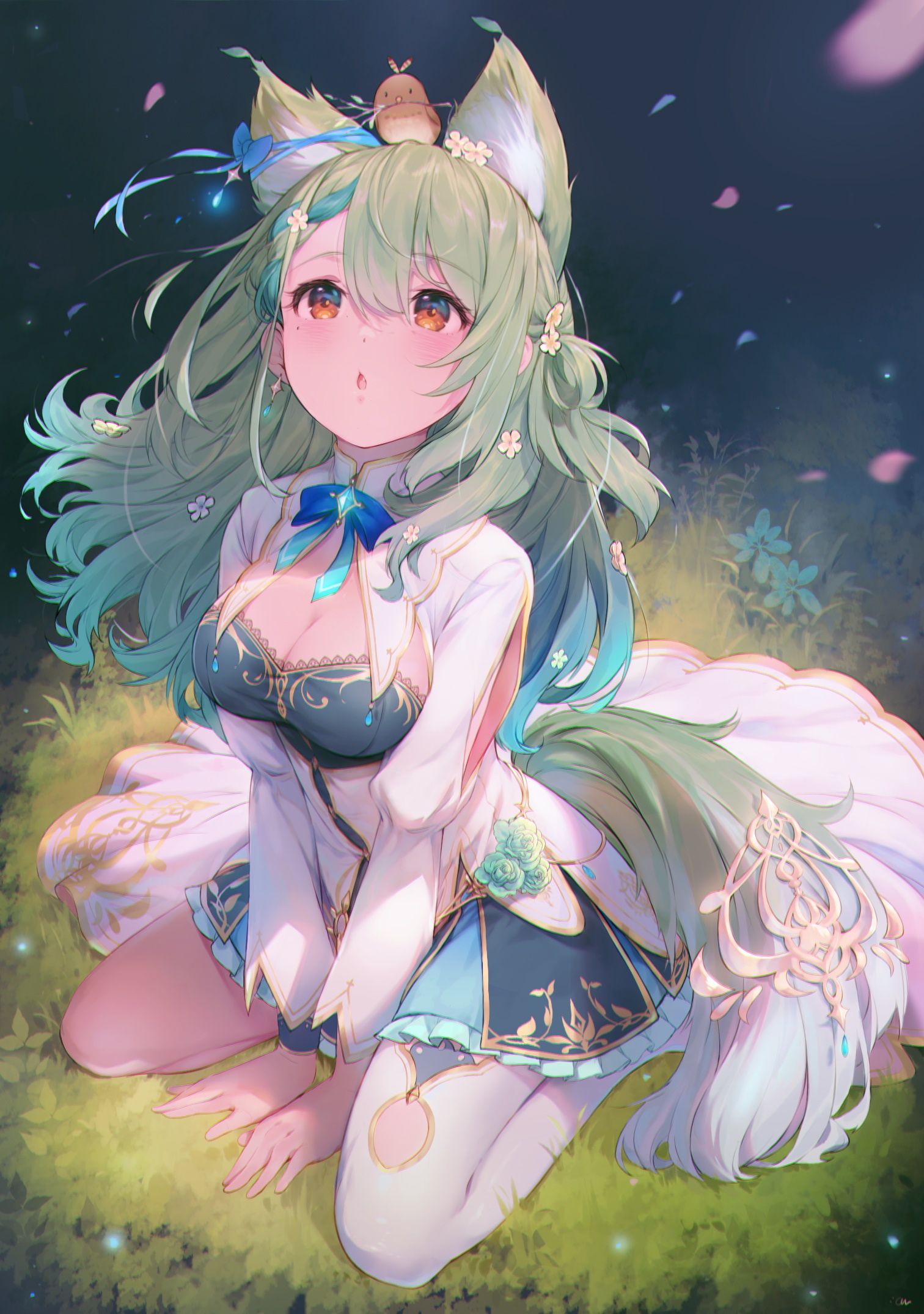 Ceres Fauna kneeling in a forest with a bird on her head HD Phone Wallpaper