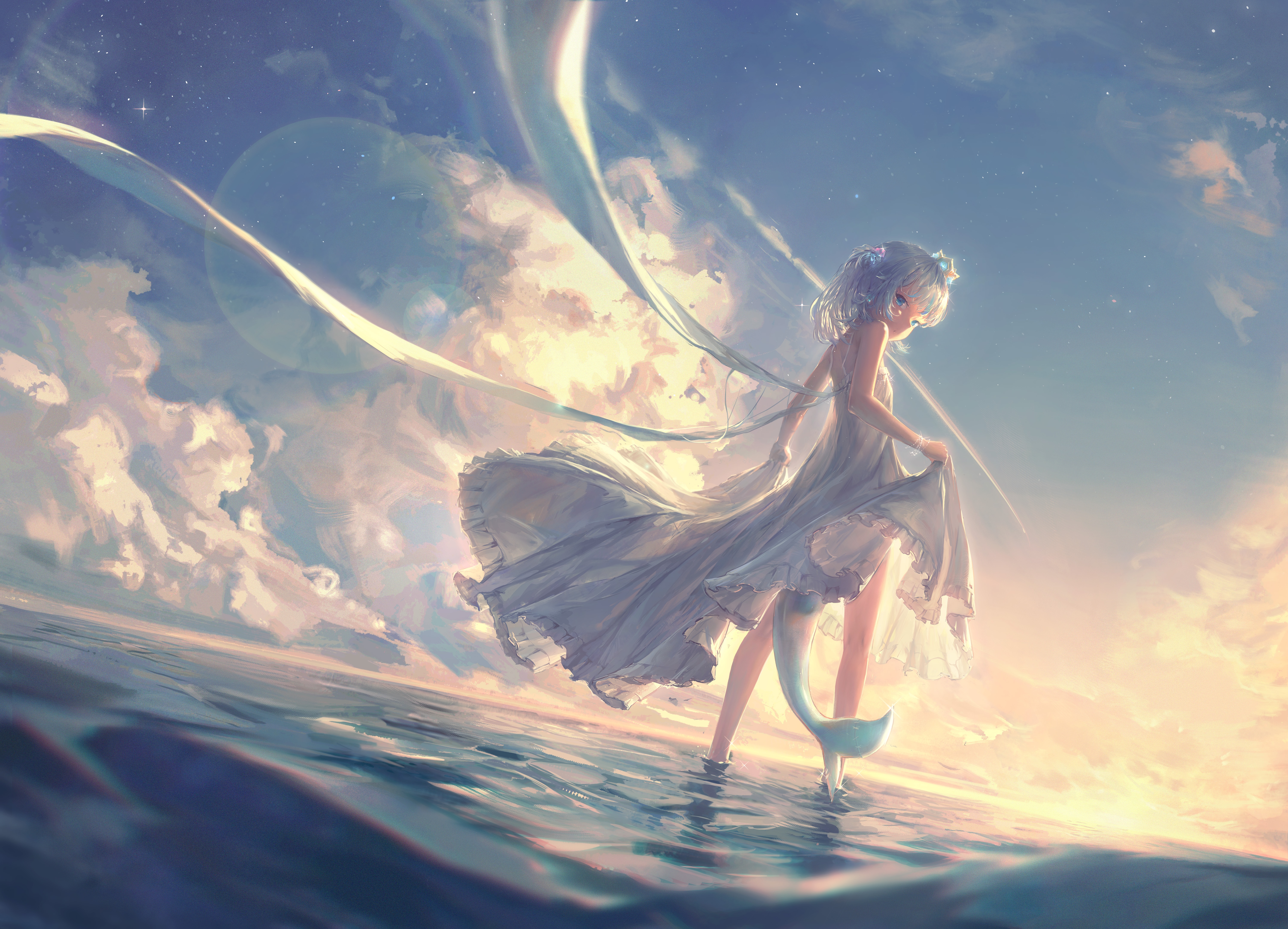 Gawr Gura in a white dress by the water at sunrise HD Wallpaper