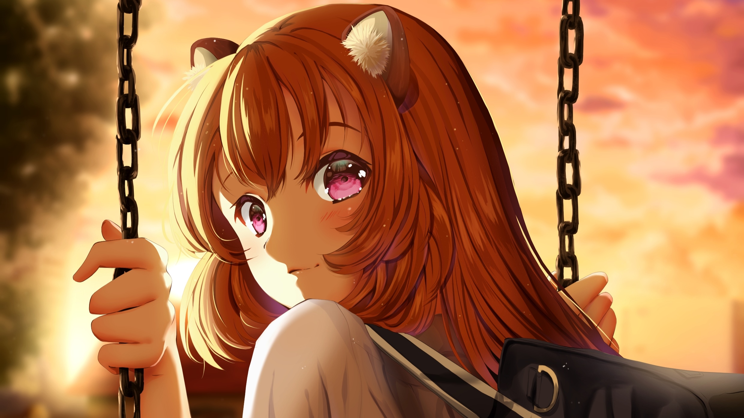 Raphtalia on a swing at sunset HD Wallpaper
