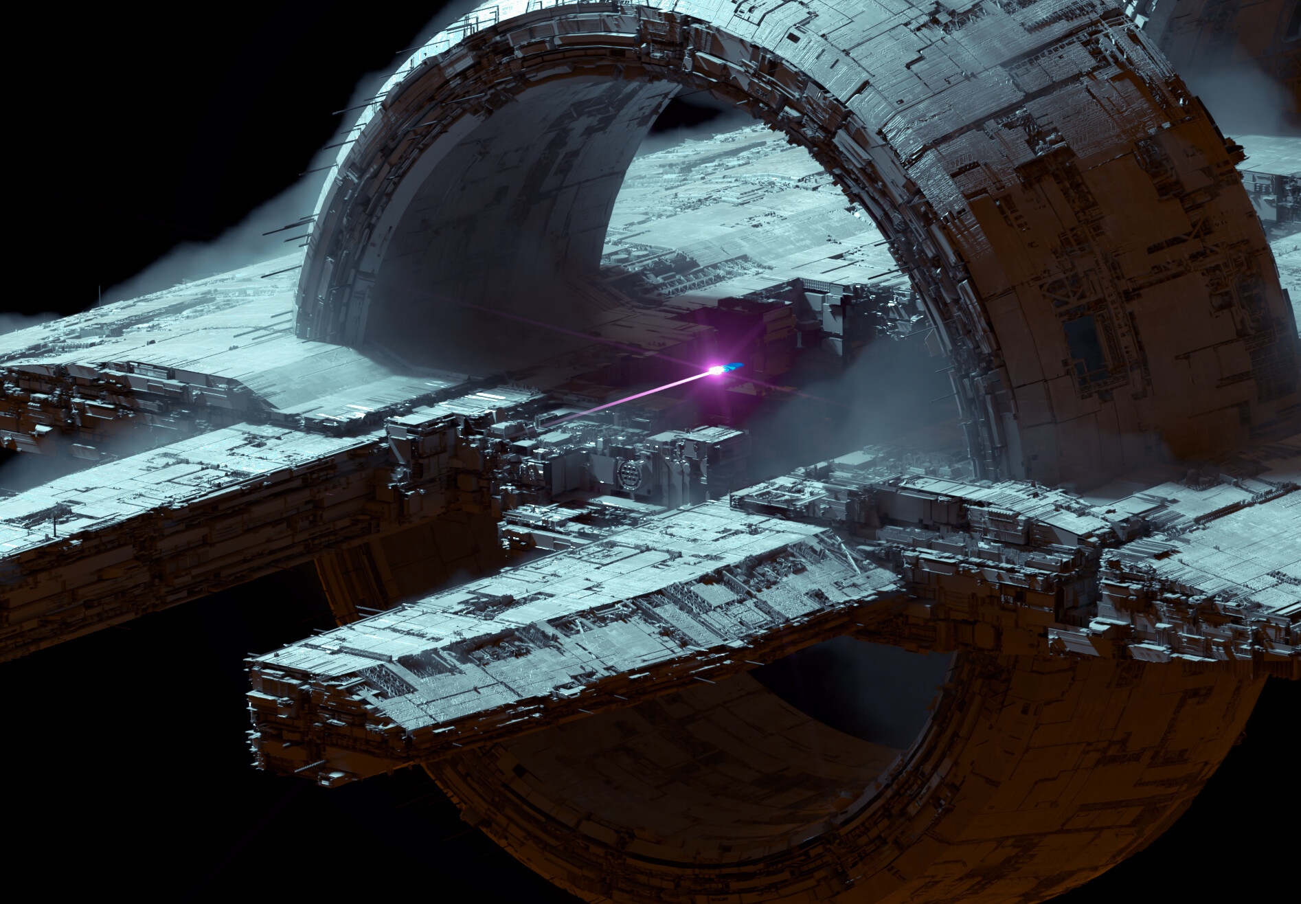 Massive spaceship with a laser beam HD Wallpaper