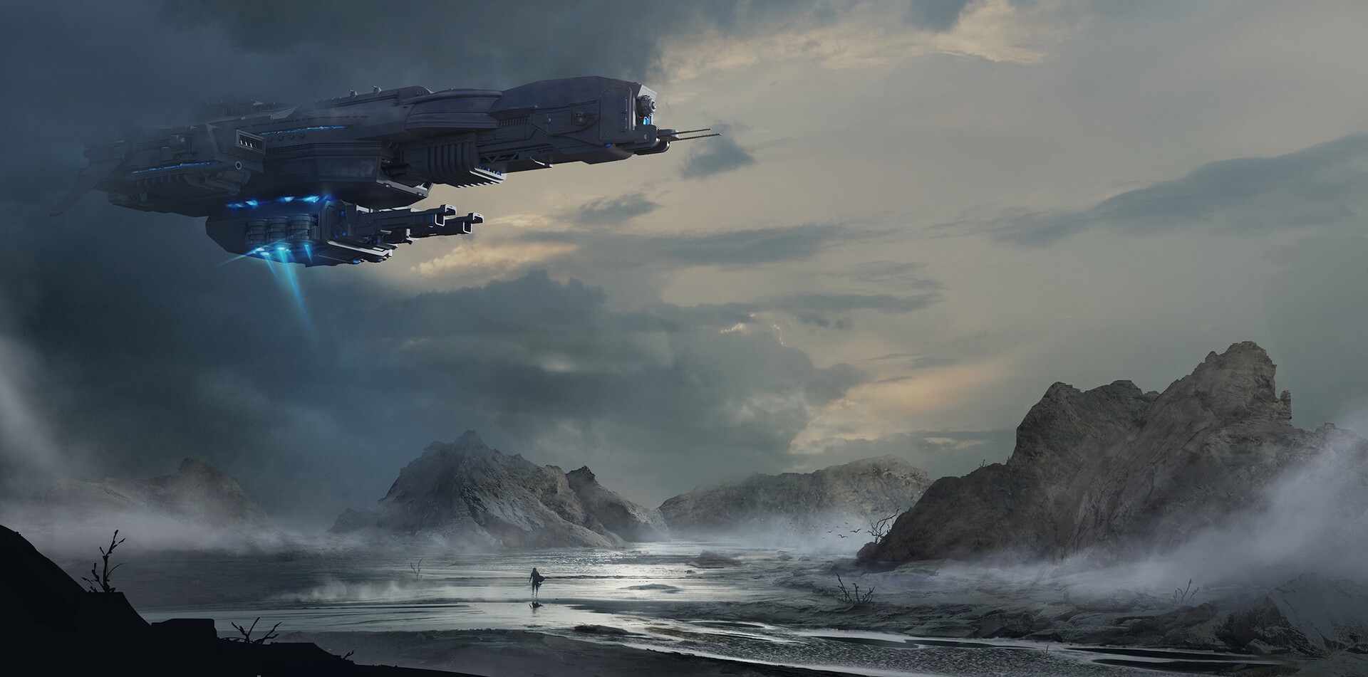 Spaceship flying over a misty, rocky landscape HD Wallpaper