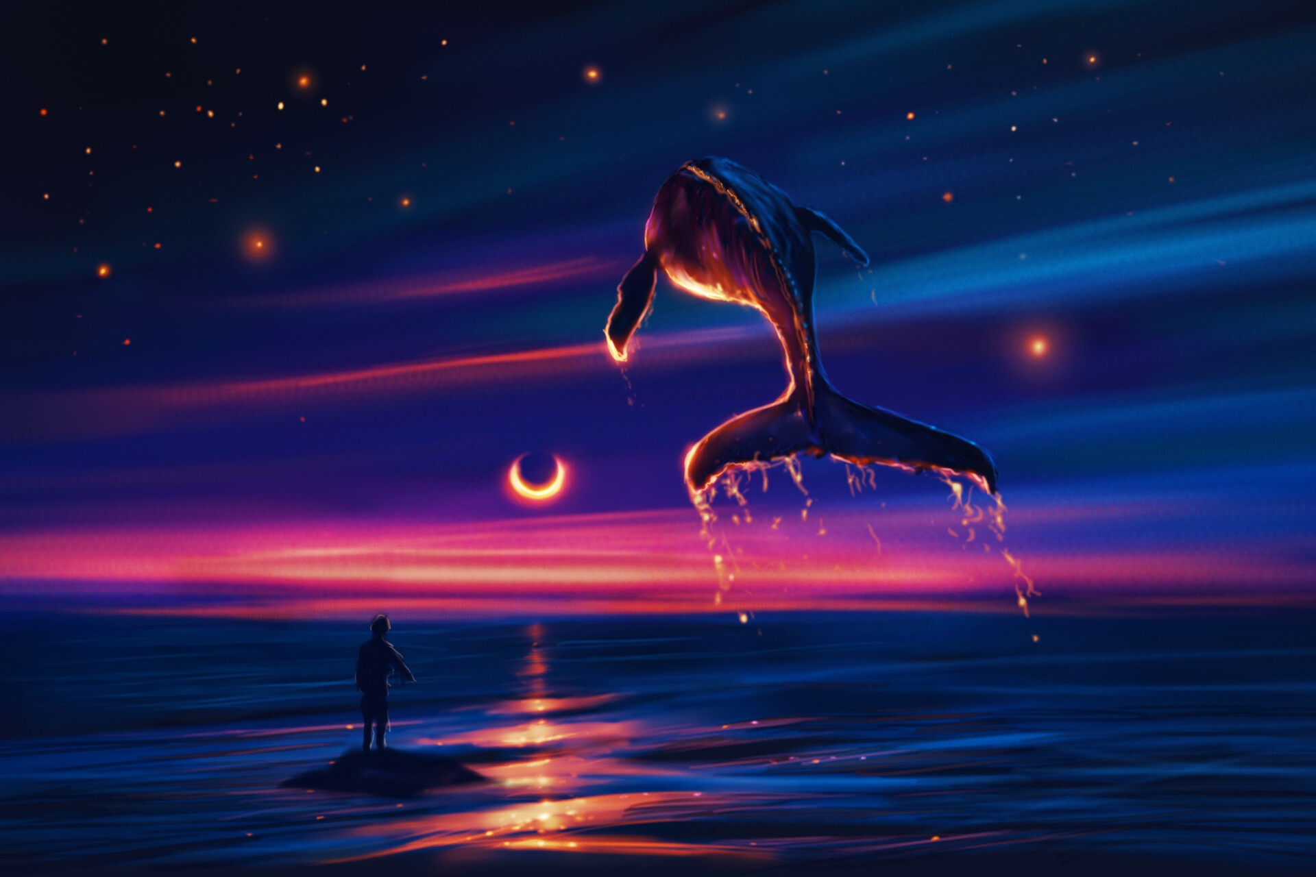 Fantasy art of a whale over the sea at night HD Wallpaper