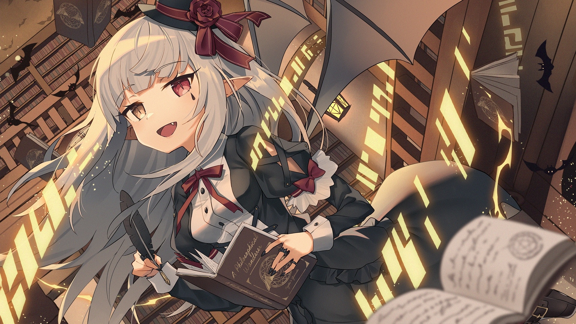 Anime Girl with Wings Reading in a Library HD Wallpaper