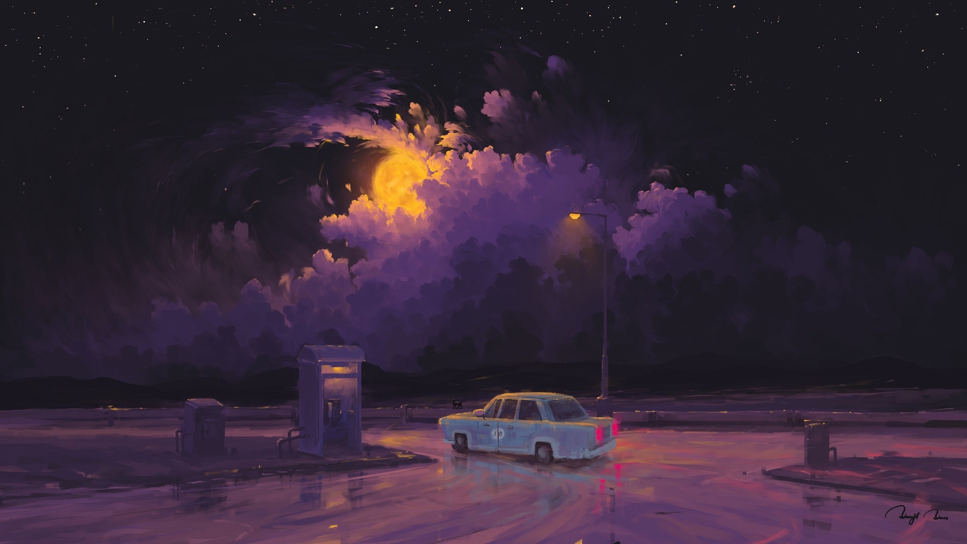 Night scene with moon and clouds over a car HD Wallpaper
